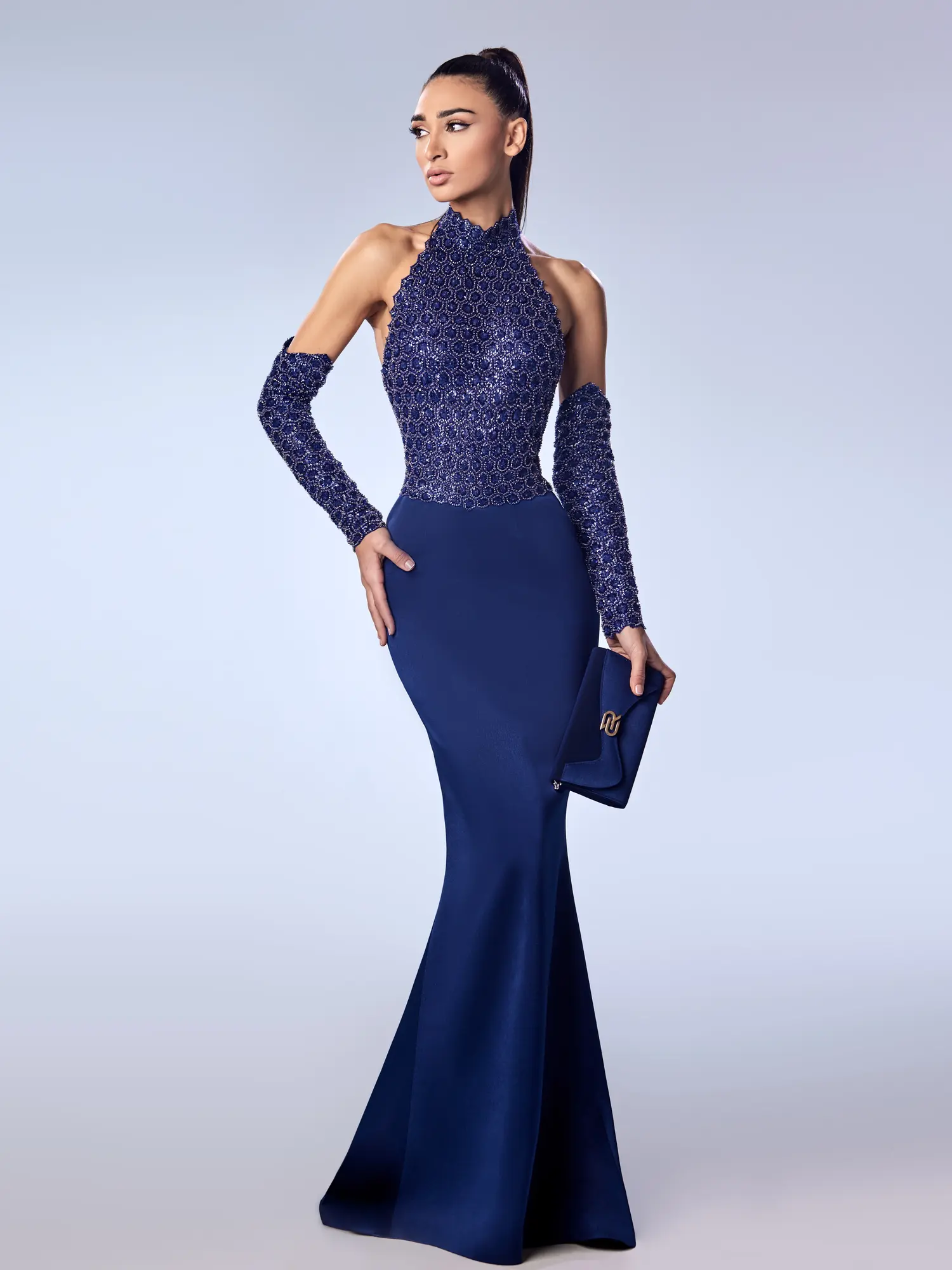 FW39 - Beaded Halter and Satin Cerpe GownNavy US 01