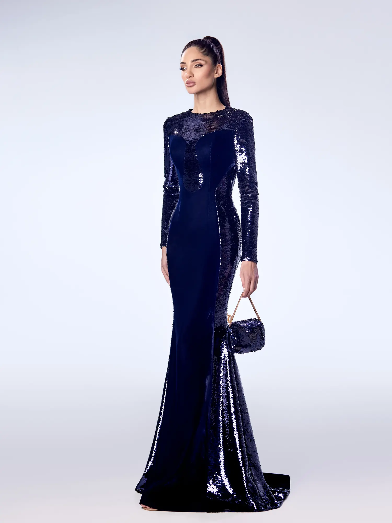 FW40 -Sequin and Viscose Velvet GownNavy US 01