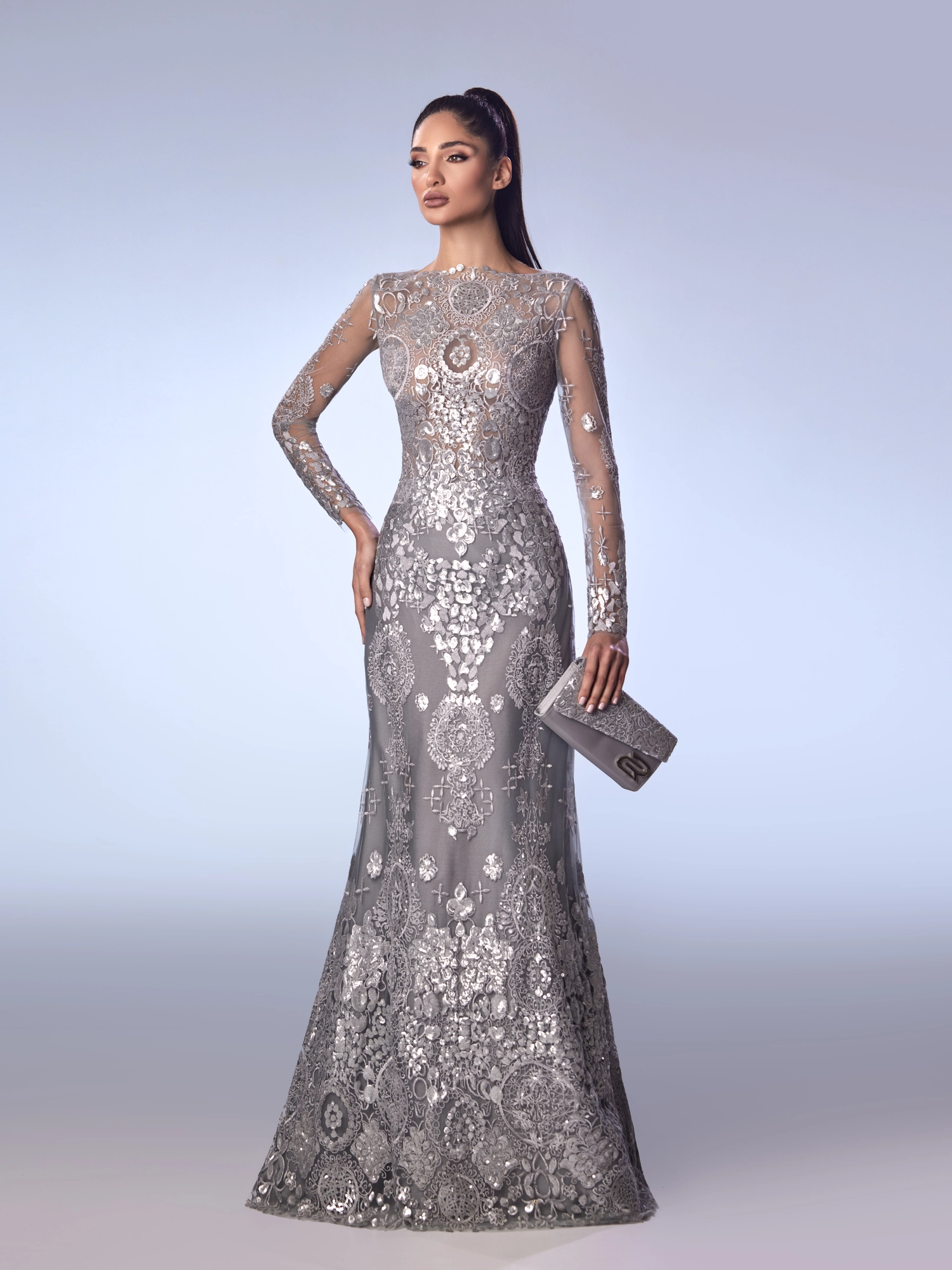 FW45 -Silk Embroidery and Silver Sequin GownSilver US 01