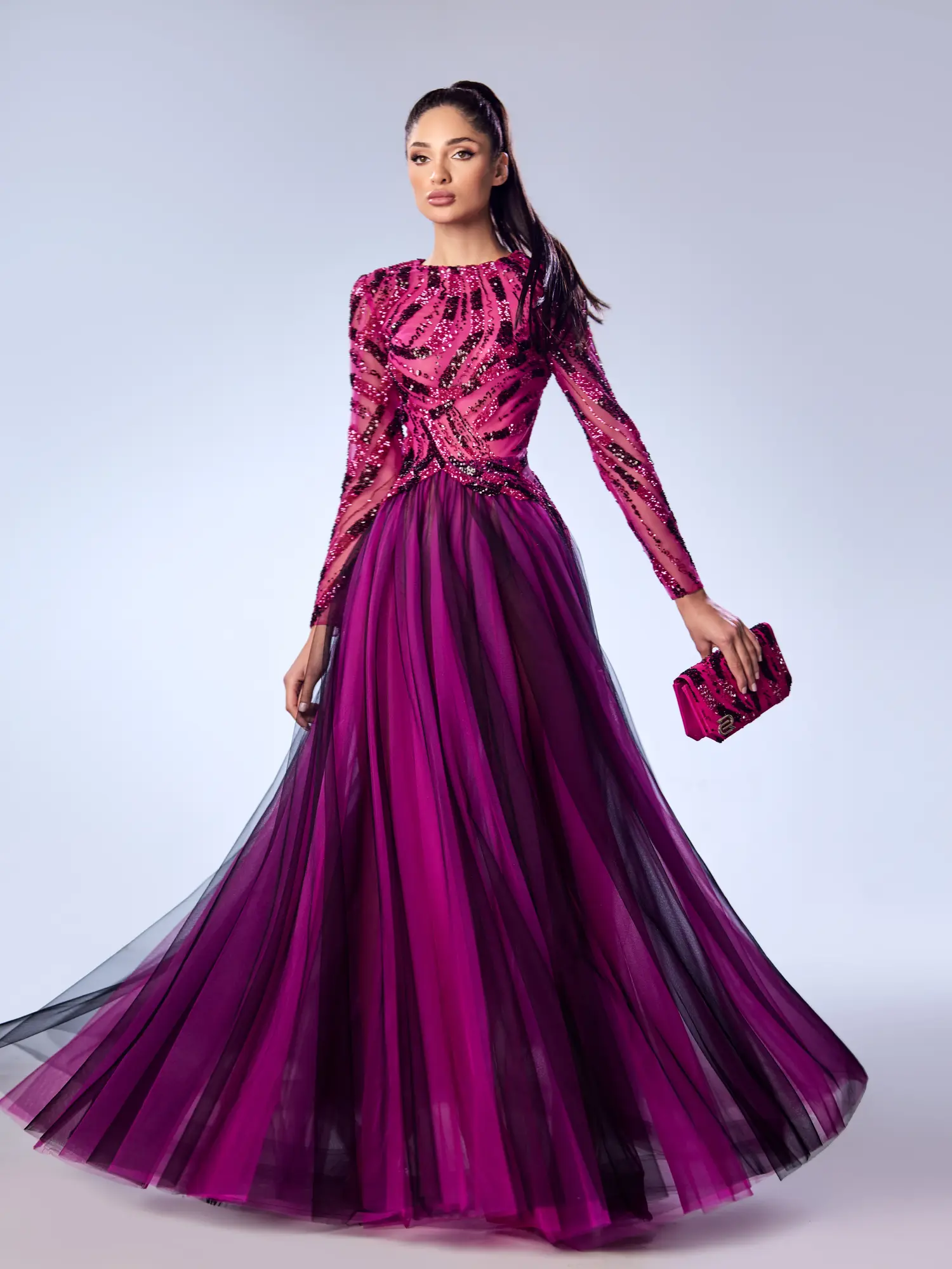 FW52 -Layered Beaded Tulle GownFuchsia US 01