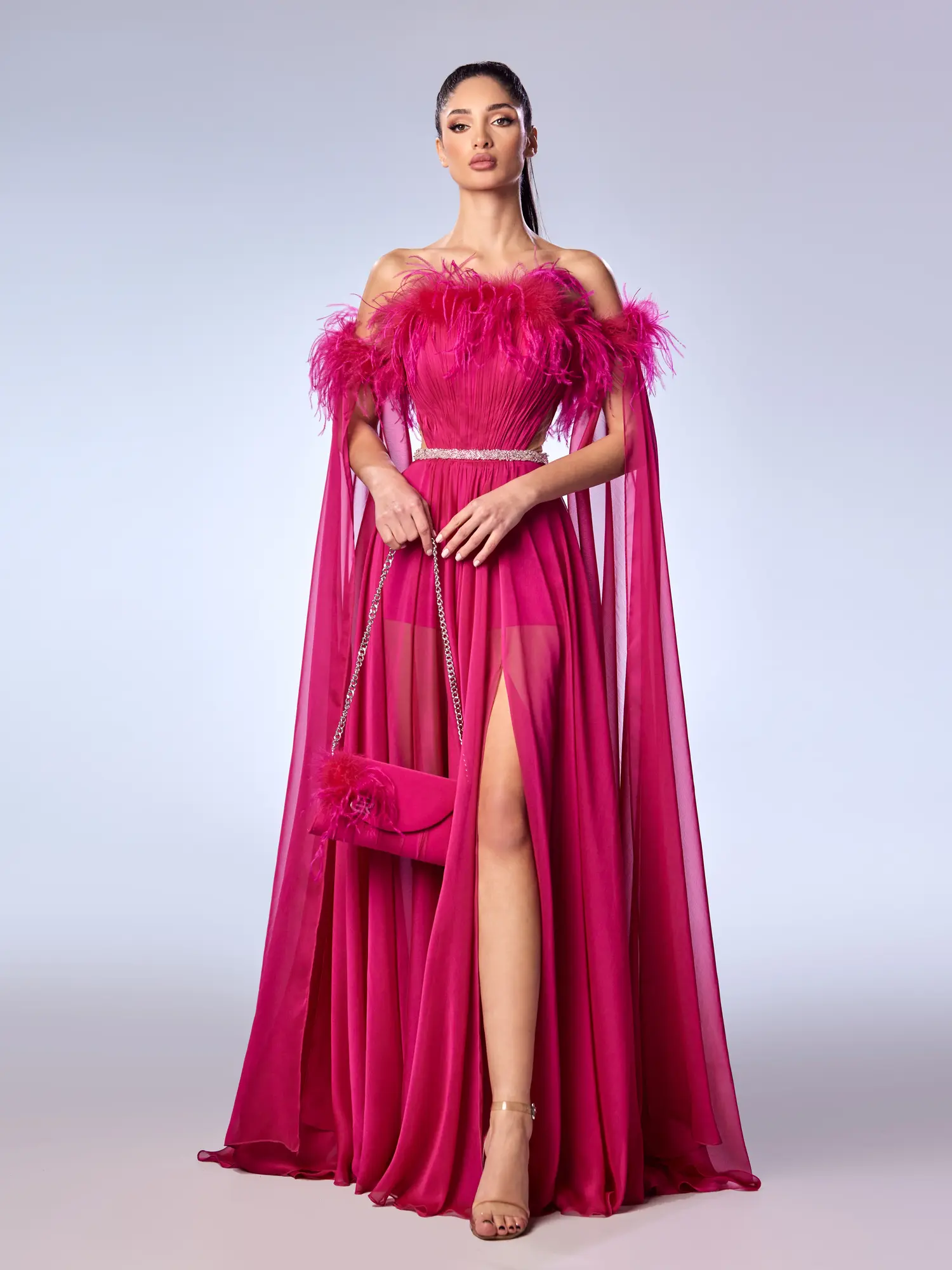 FW54 -Off-shoulder Feathered Mouseline GownFuchsia US 01