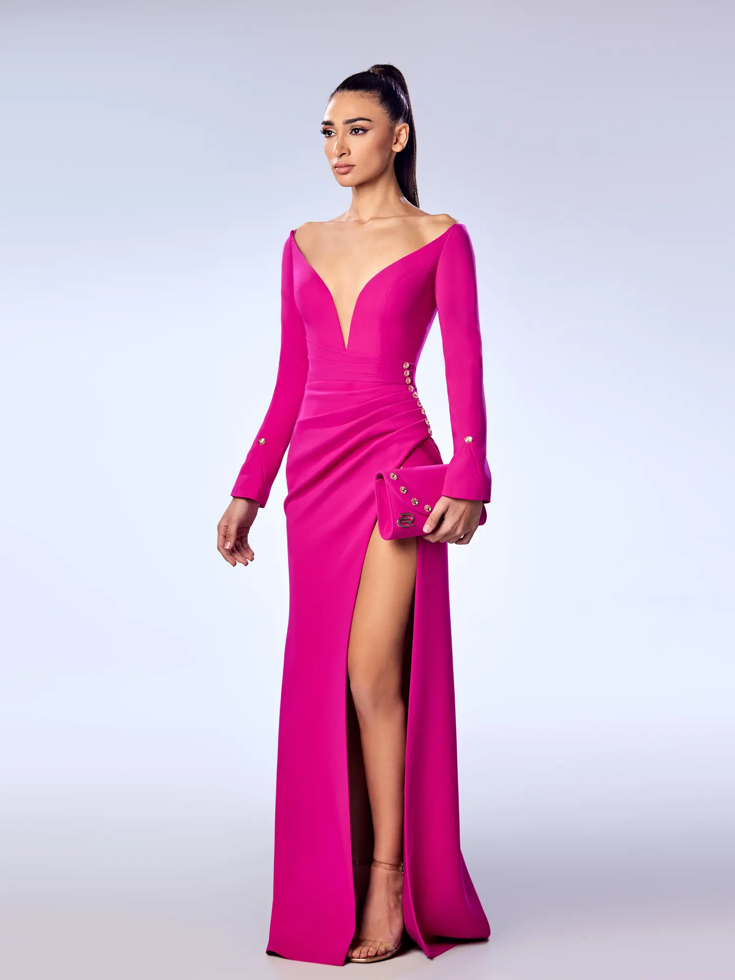 FW55 -V-NECK Crepe Gown with Swarovski JewelsFuchsia US 01