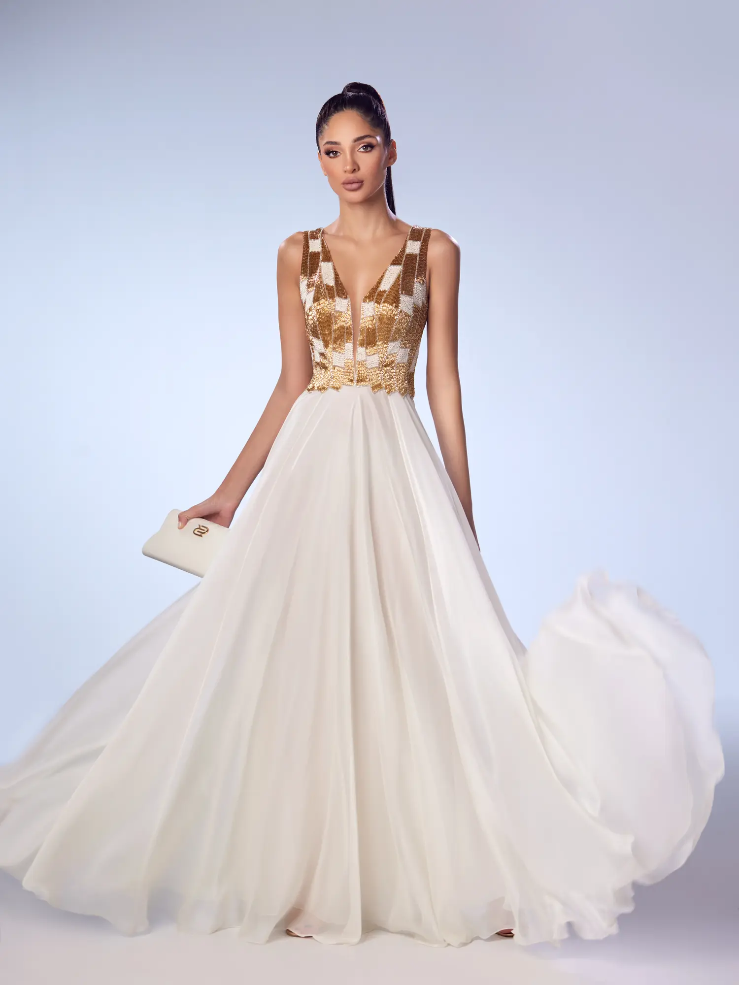 FW67 -Cassida Mouseline Gown With Jeweled BeadingOff White US 01