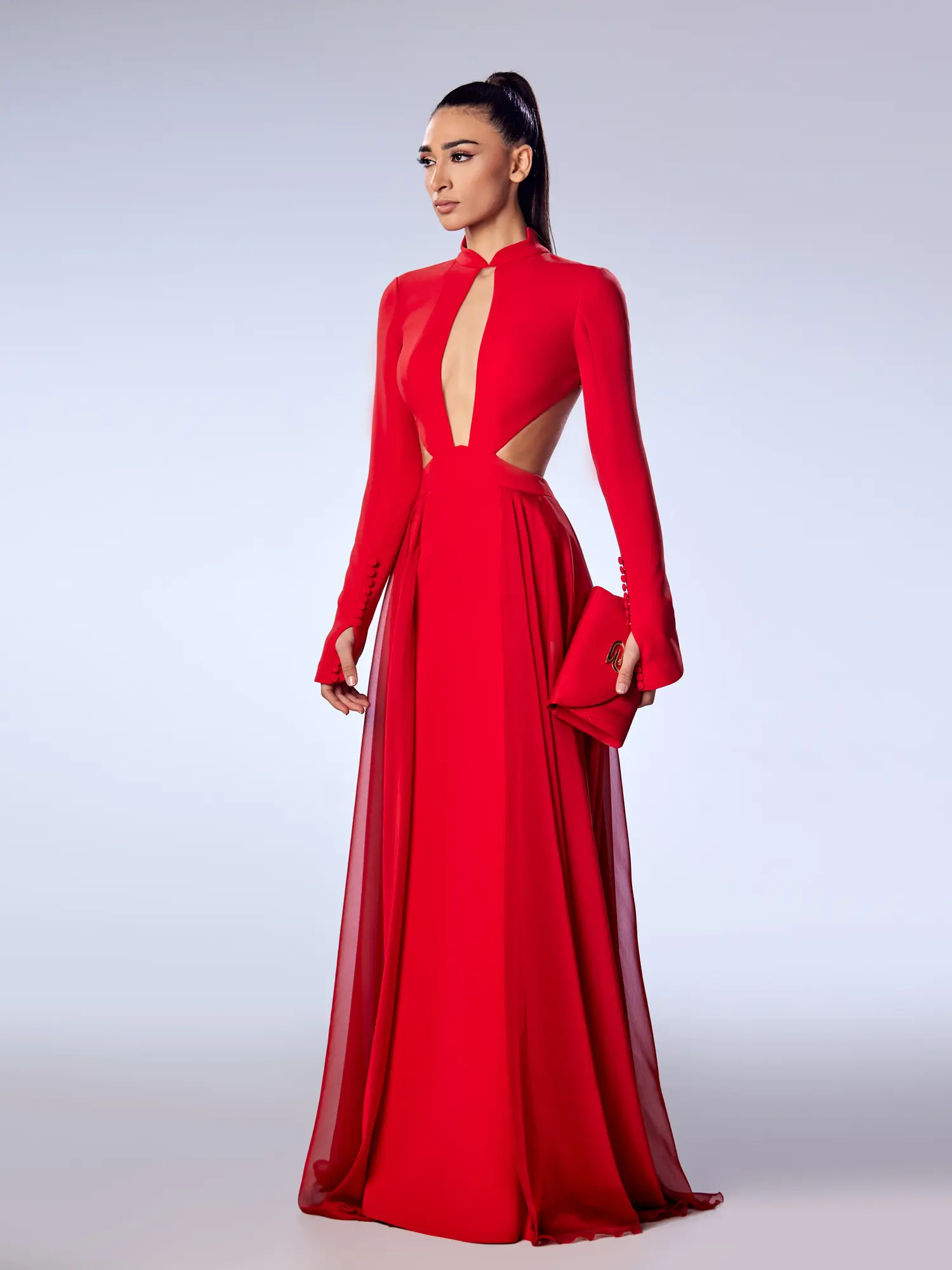 FW70 -Crepe And Cassida Mouseline Cut-out GownRed US 01