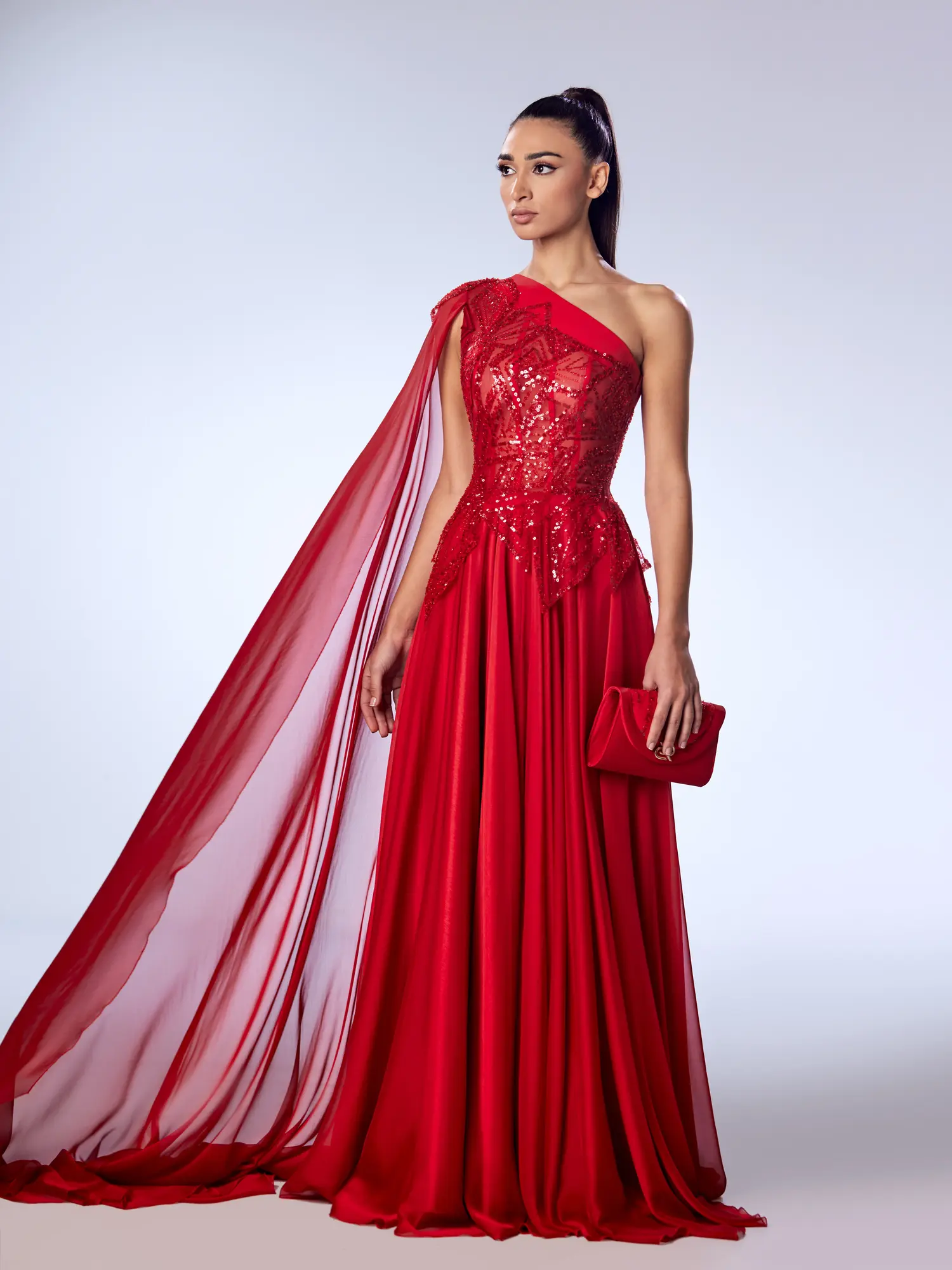 FW71 -Beaded Cassida Mouseline Gown Red US 01