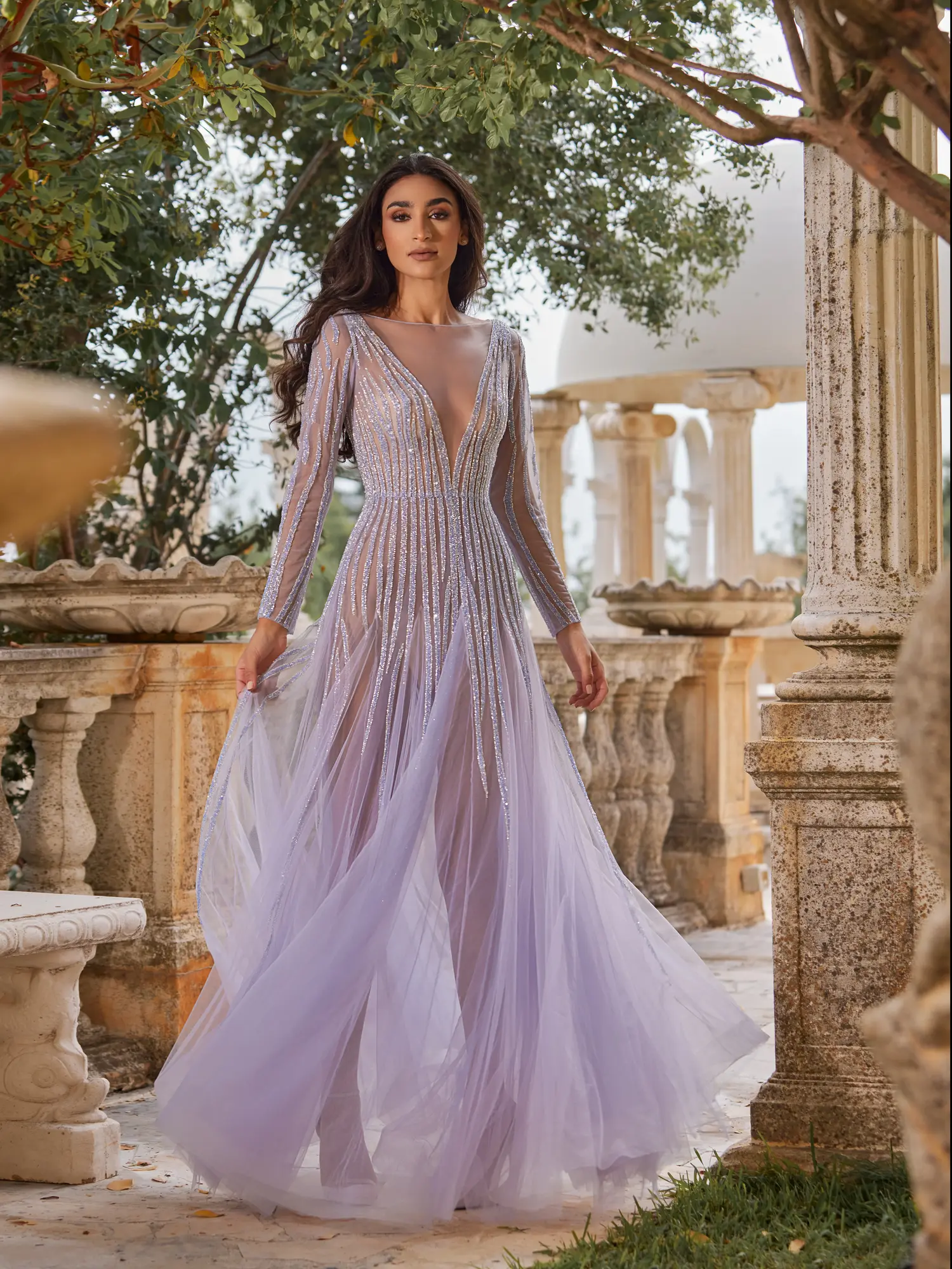 SS01 -Beaded Tulle Gown With V-NECKLINELight Purple US 01