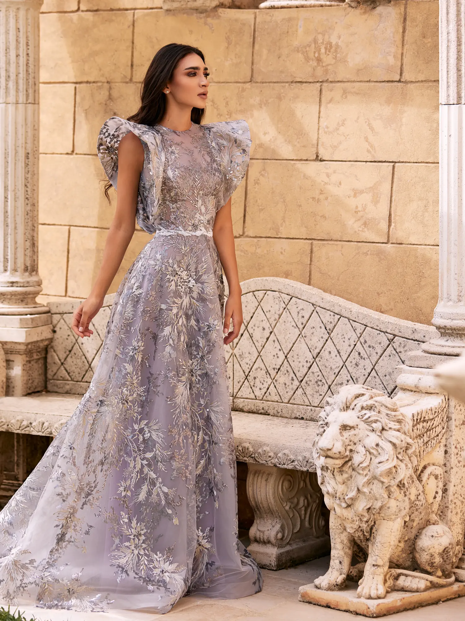 SS02 -Lace Embroidered Tulle Gown With Draped SleevesLight Purple US 01