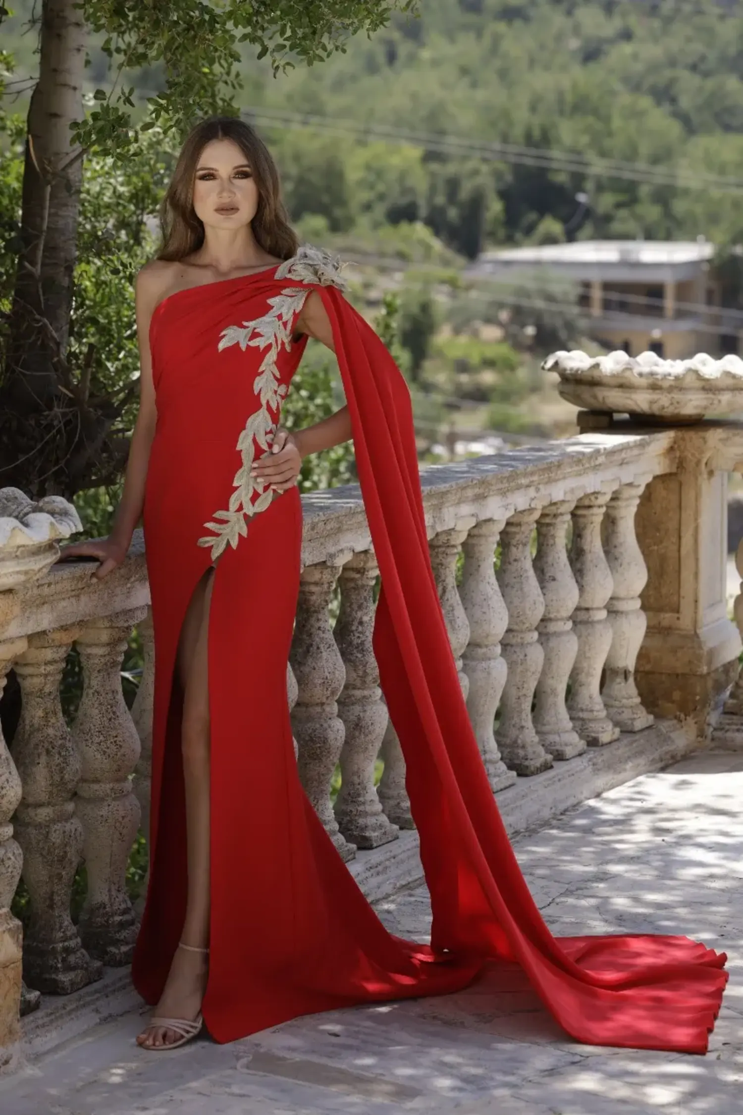 SS012 -Embroidered Crepe Gown With Cape Style Long SleeveRed US 01