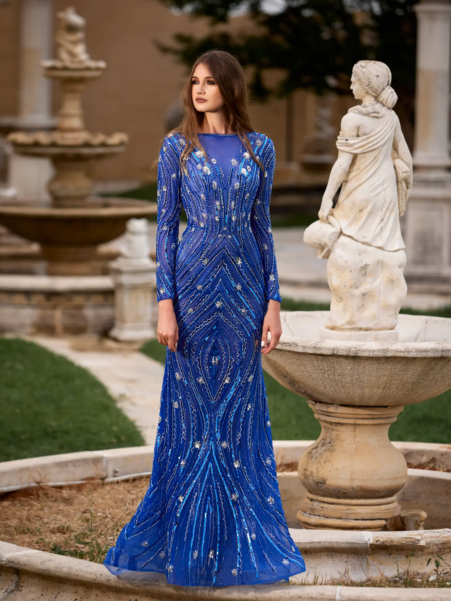 SS020 -Long Sleeve Beaded Tulle GownRoyal Blue US 01