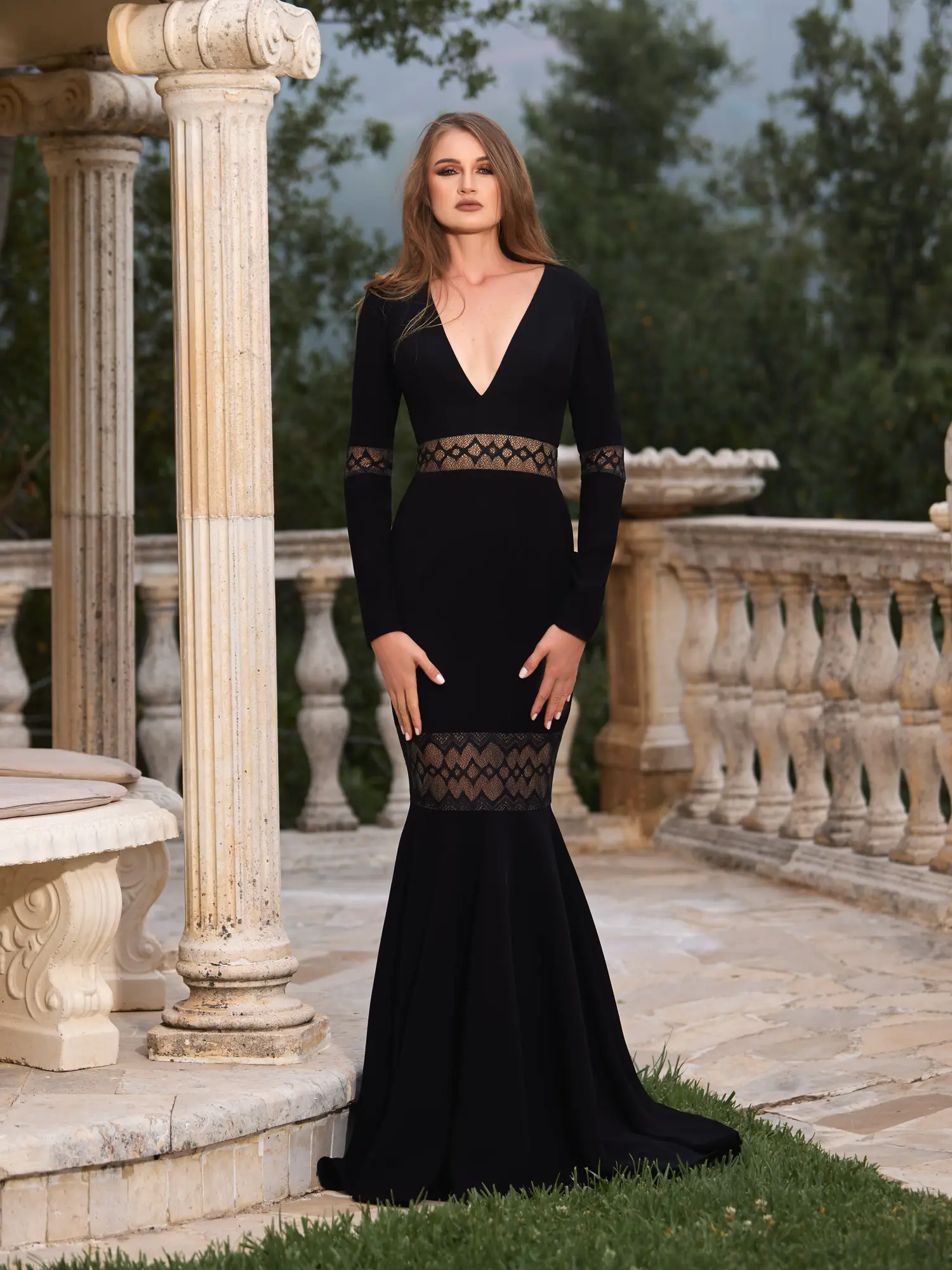 SS034 -Cut-out Long Sleeve Crepe Gown With LaceBlack US 01