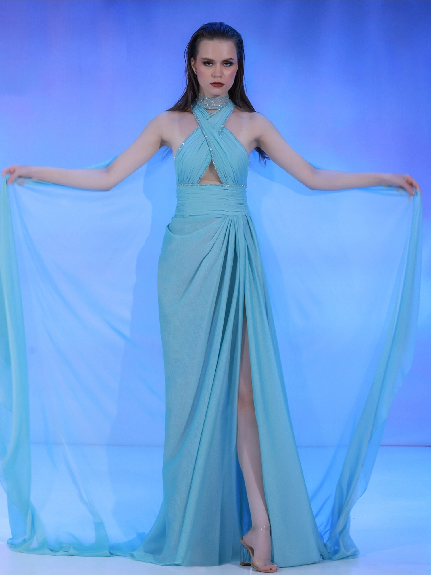 SS161 - Aqua blue mousseline dressAqua Blue US 01
