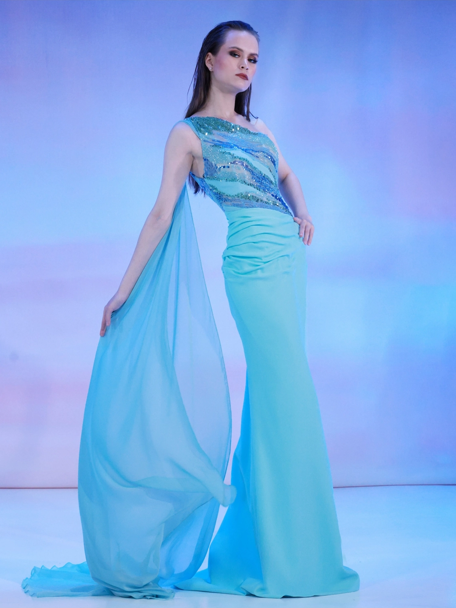 SS162 - Aqua Blue Crepe Mermaid SkirtAqua Blue US 01