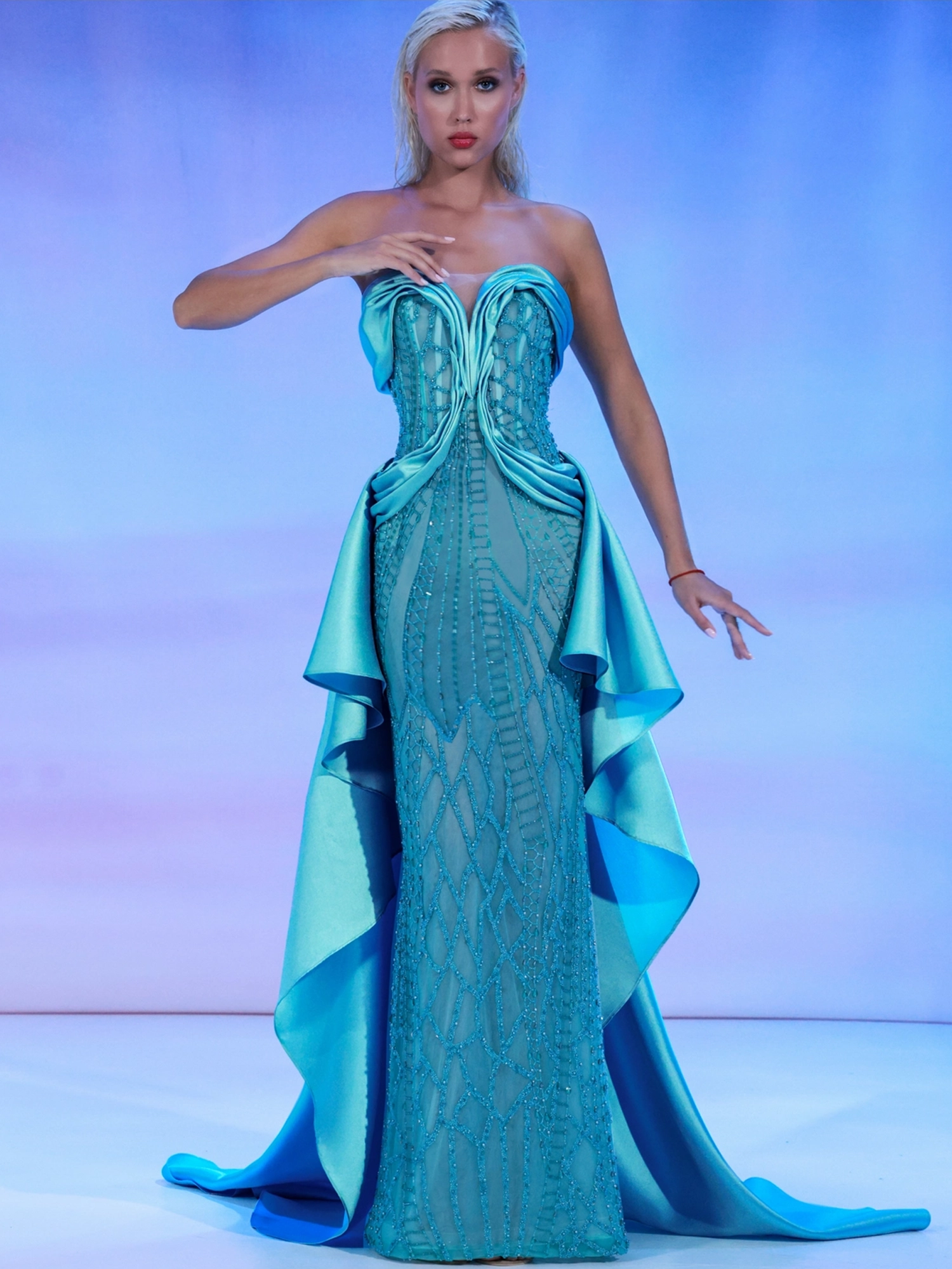 SS163 - Fully beaded aqua blue strapless dressAqua Blue US 01