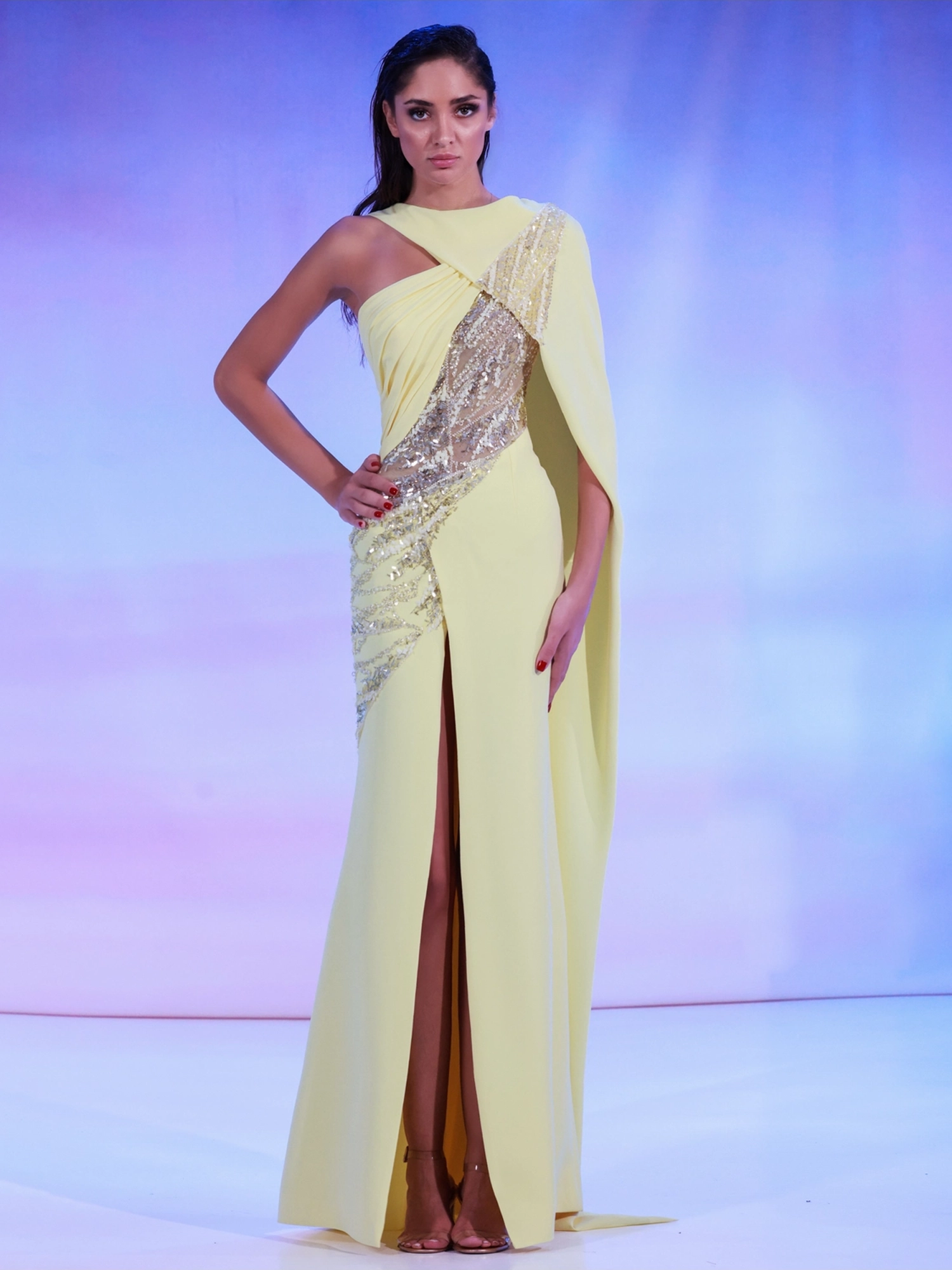 SS166 - A yellow crepe dress US 01 Yellow