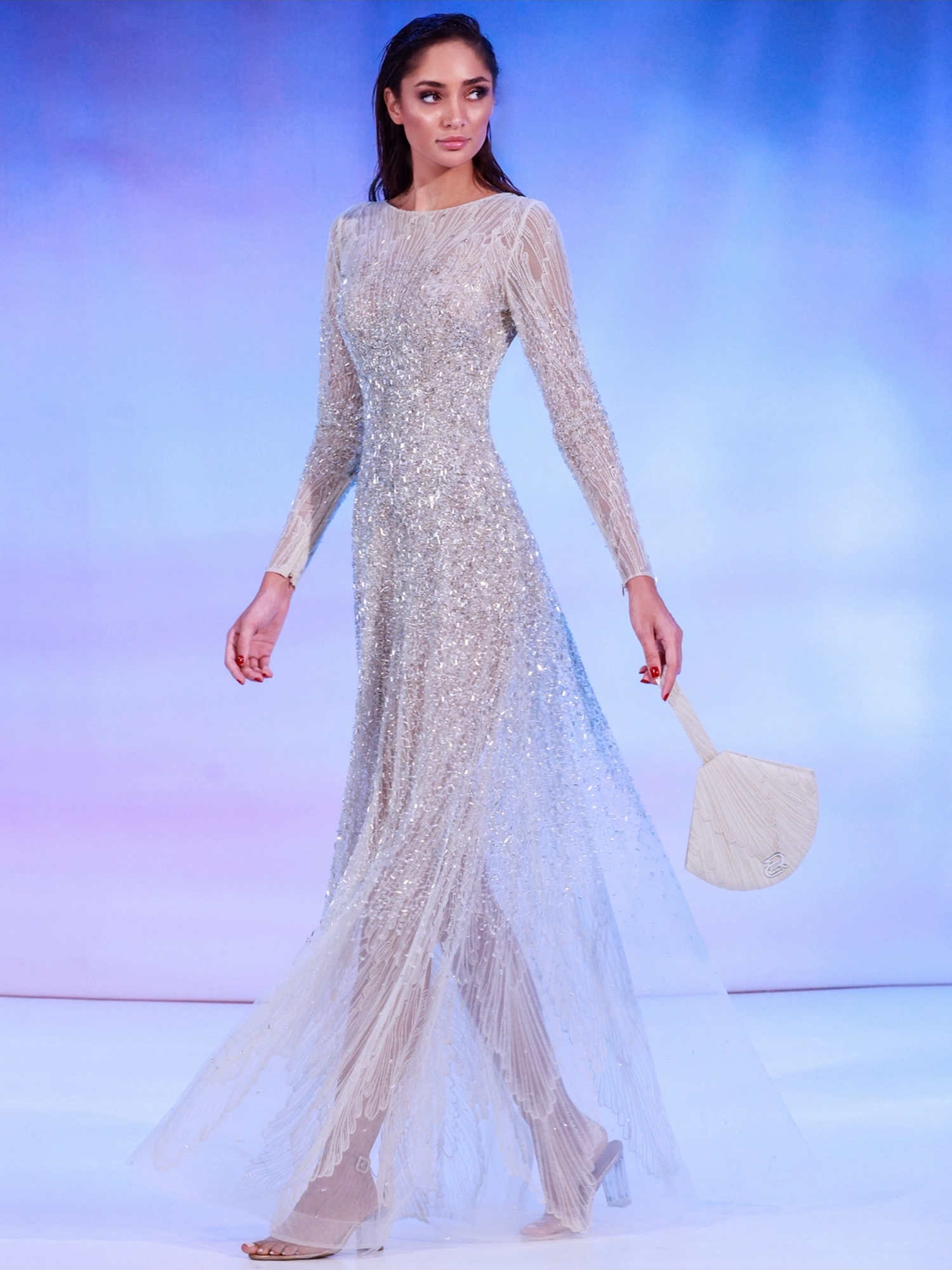 SS176 - Nude dress features delicate sea shell threadwork  combined with silver embroideryNude US 01