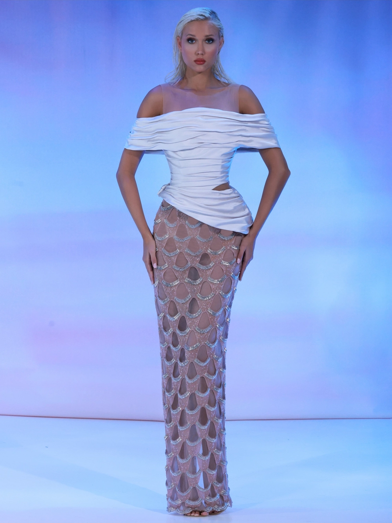 SS177 - Pink and silver dress features a fitted skirtPink US 01