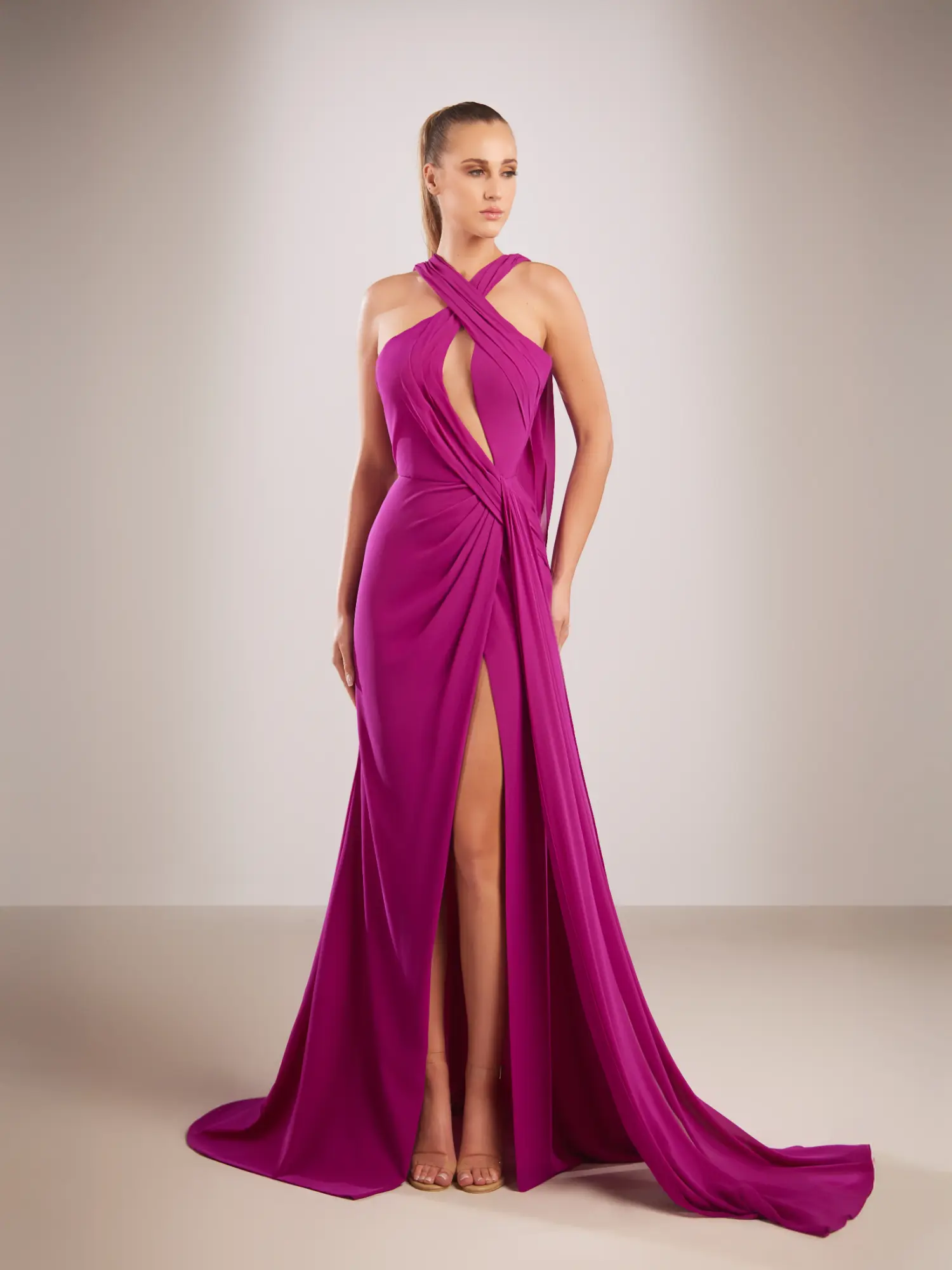 FW197-  Fuchsia chiffon gown with  crisscrossFuchsia US 01