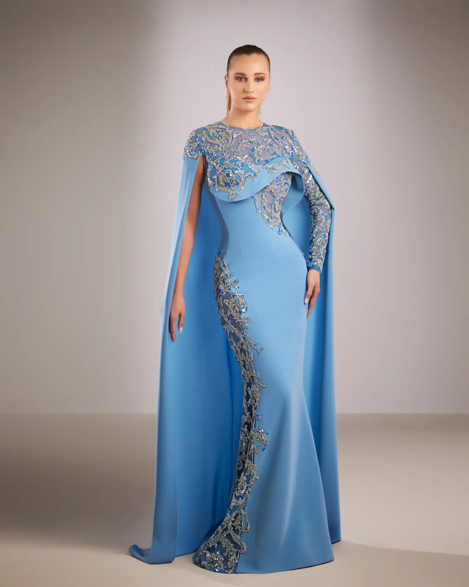 FW199-  Fitted blue crepe gownBlue US 01