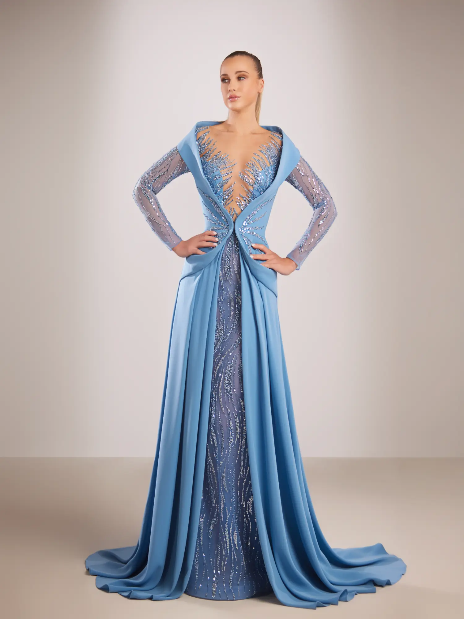 FW202- Blue crepe gown with  plunging illusion beaded  necklineBlue US 01