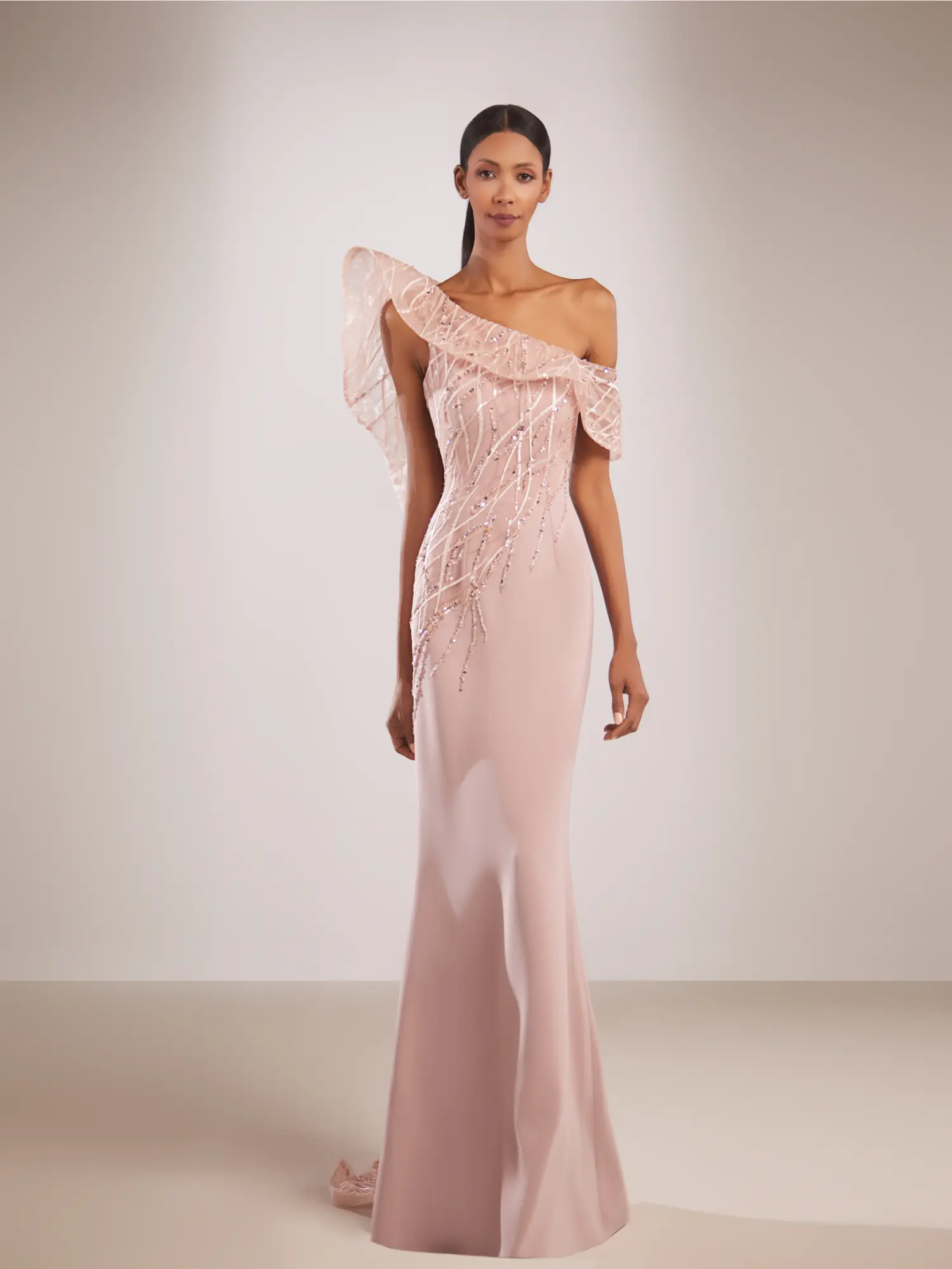 FW206- Pink one-shoulder gown  with ruffled necklinePink US 01