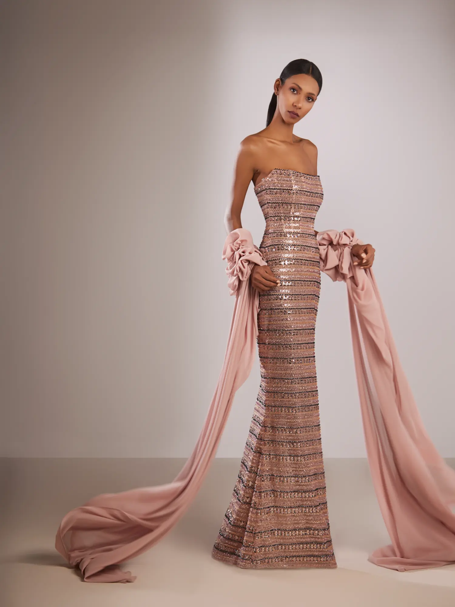 FW208-  Pink strapless horizontally  beaded gown Pink US 01