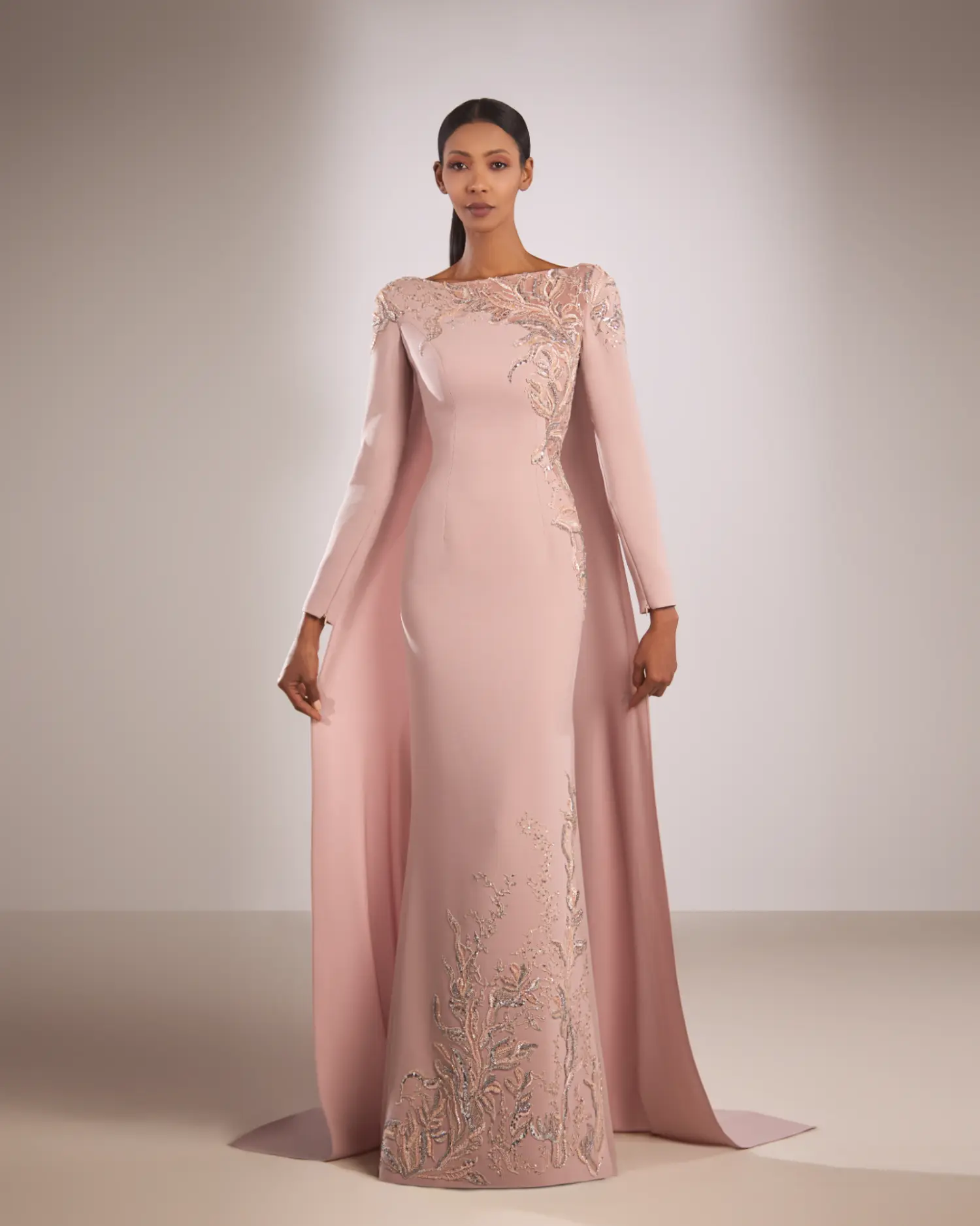 FW209-  Pink column gown with  long sleevesPink US 01