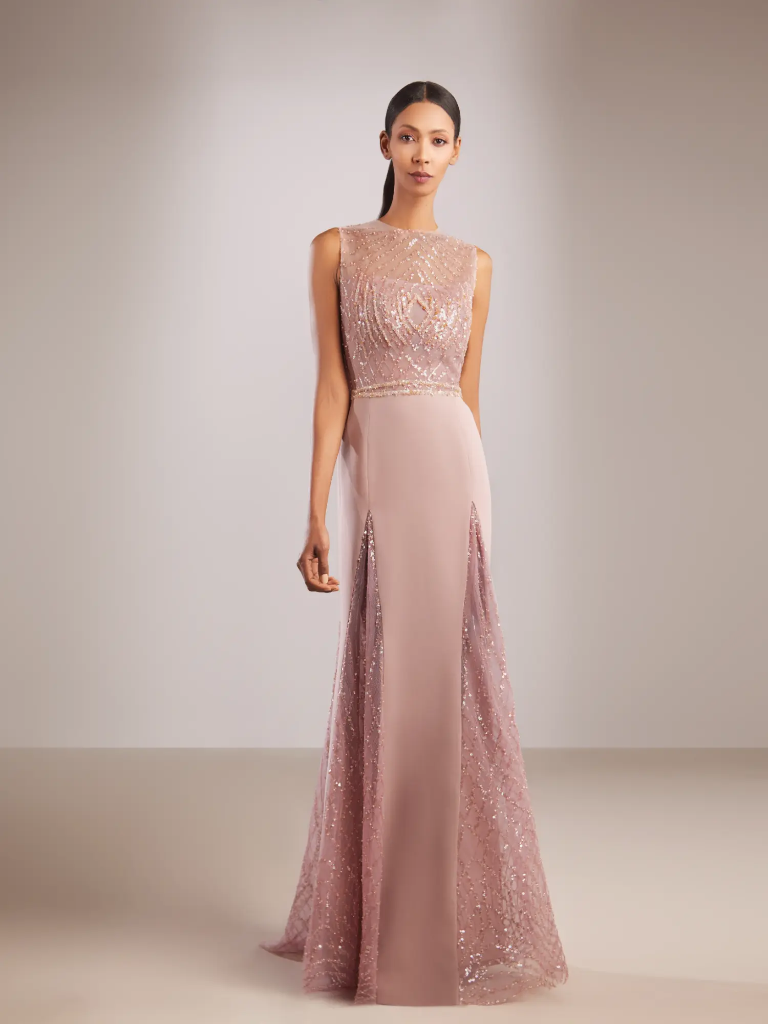 FW210- Sleeveless pink gown with  beaded bodicePink US 01