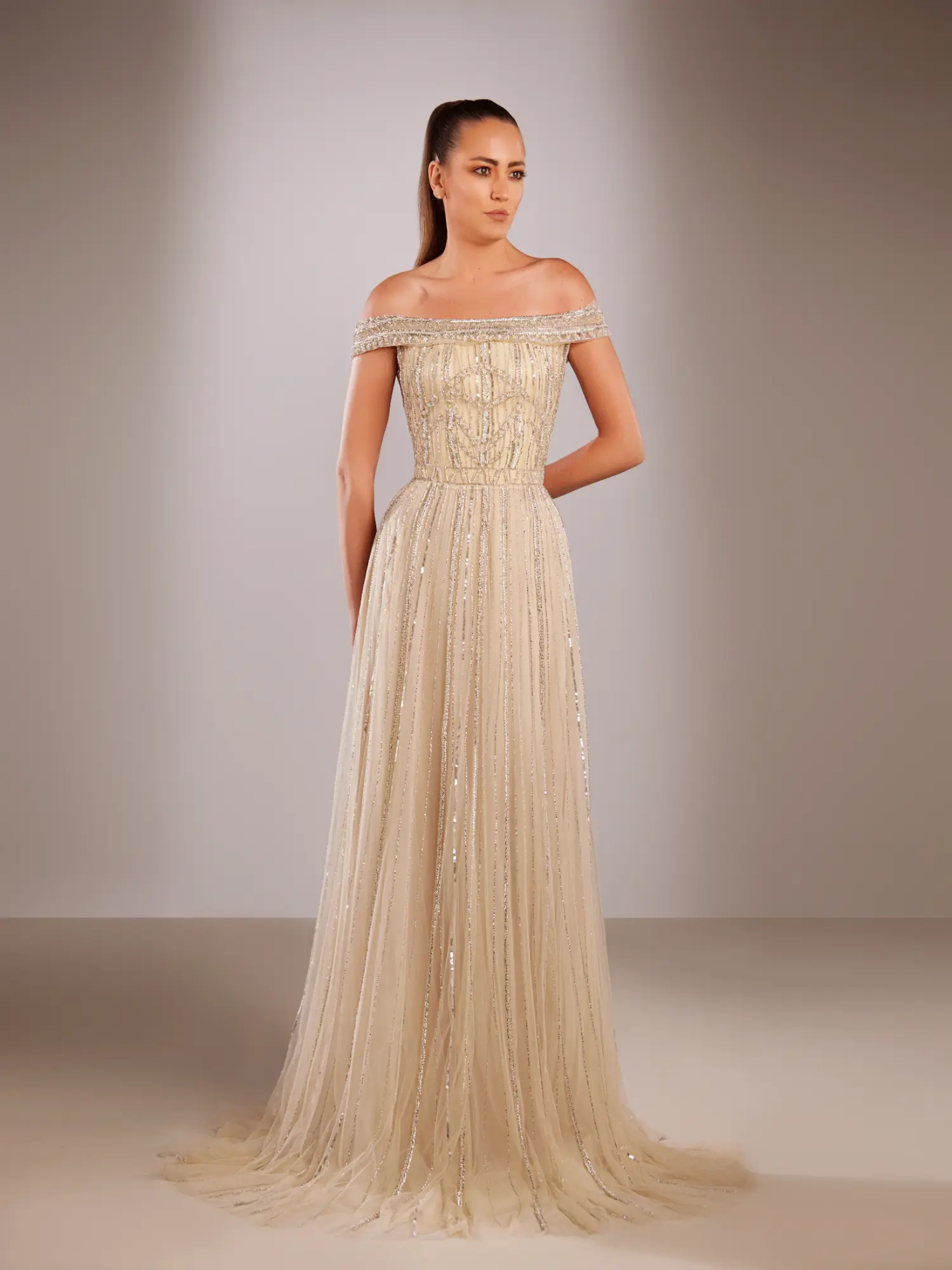 FW219- Champagne off-shoulder  gown with fitted bodiceChampagne US 01