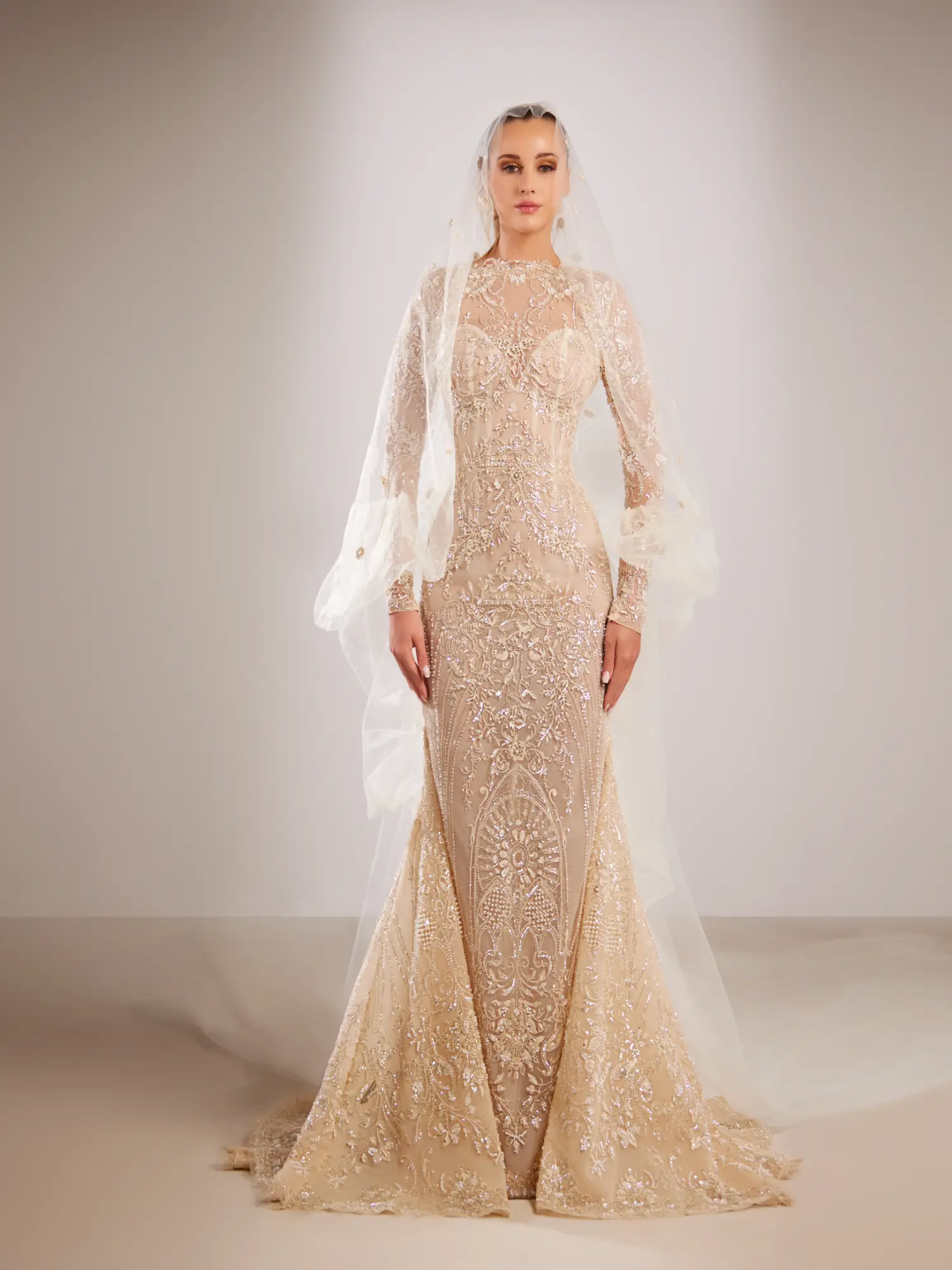 FW221- Long-sleeve champagne  bridal gownChampagne US 01