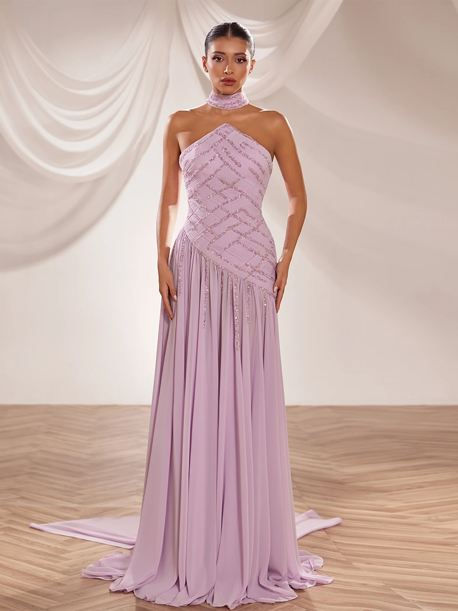 SS258-  Lilac gown with halter  neckline and embellishedLilac US 01
