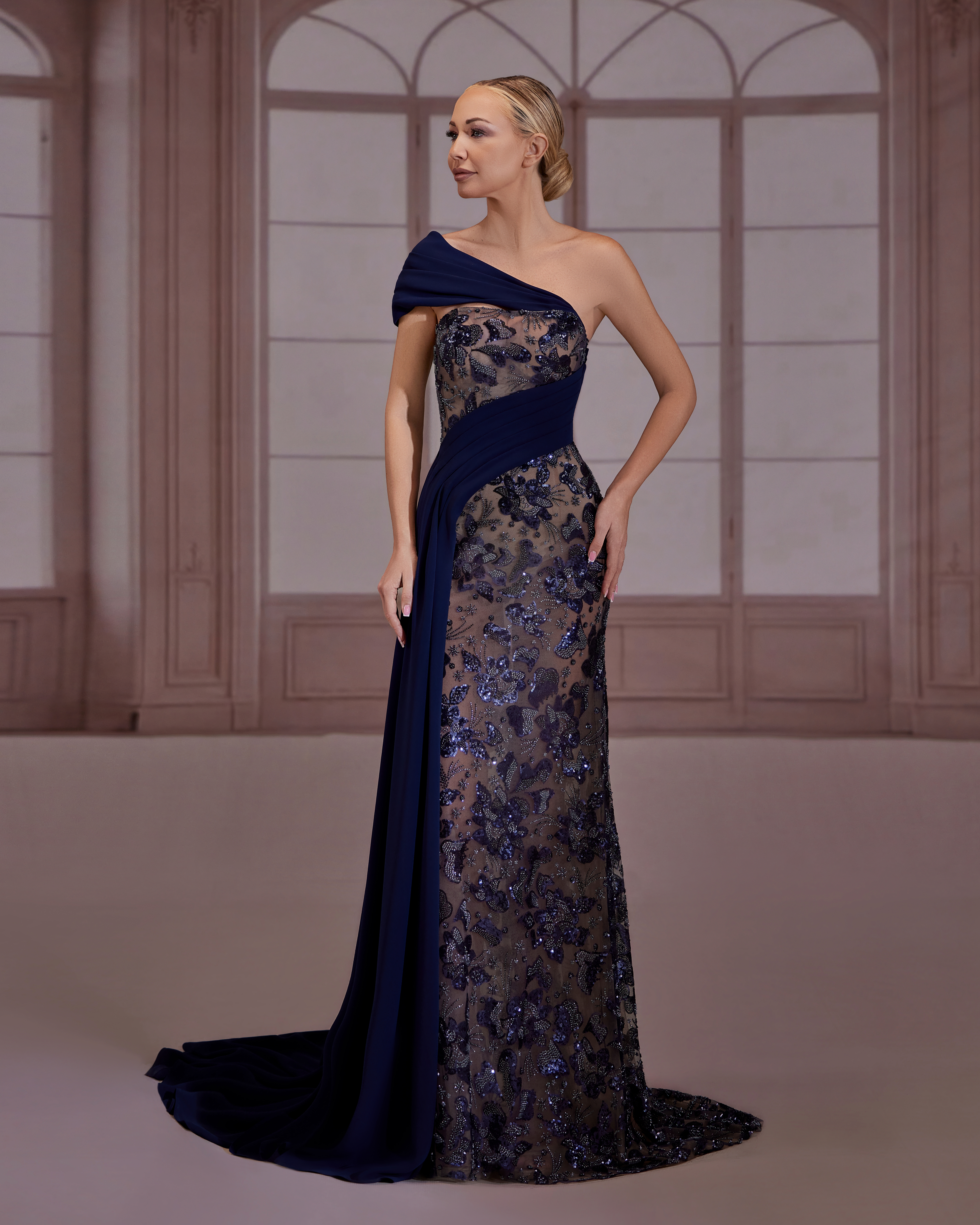 SS261-Navy blue column dress with floral embroiderynavy Blue US 01