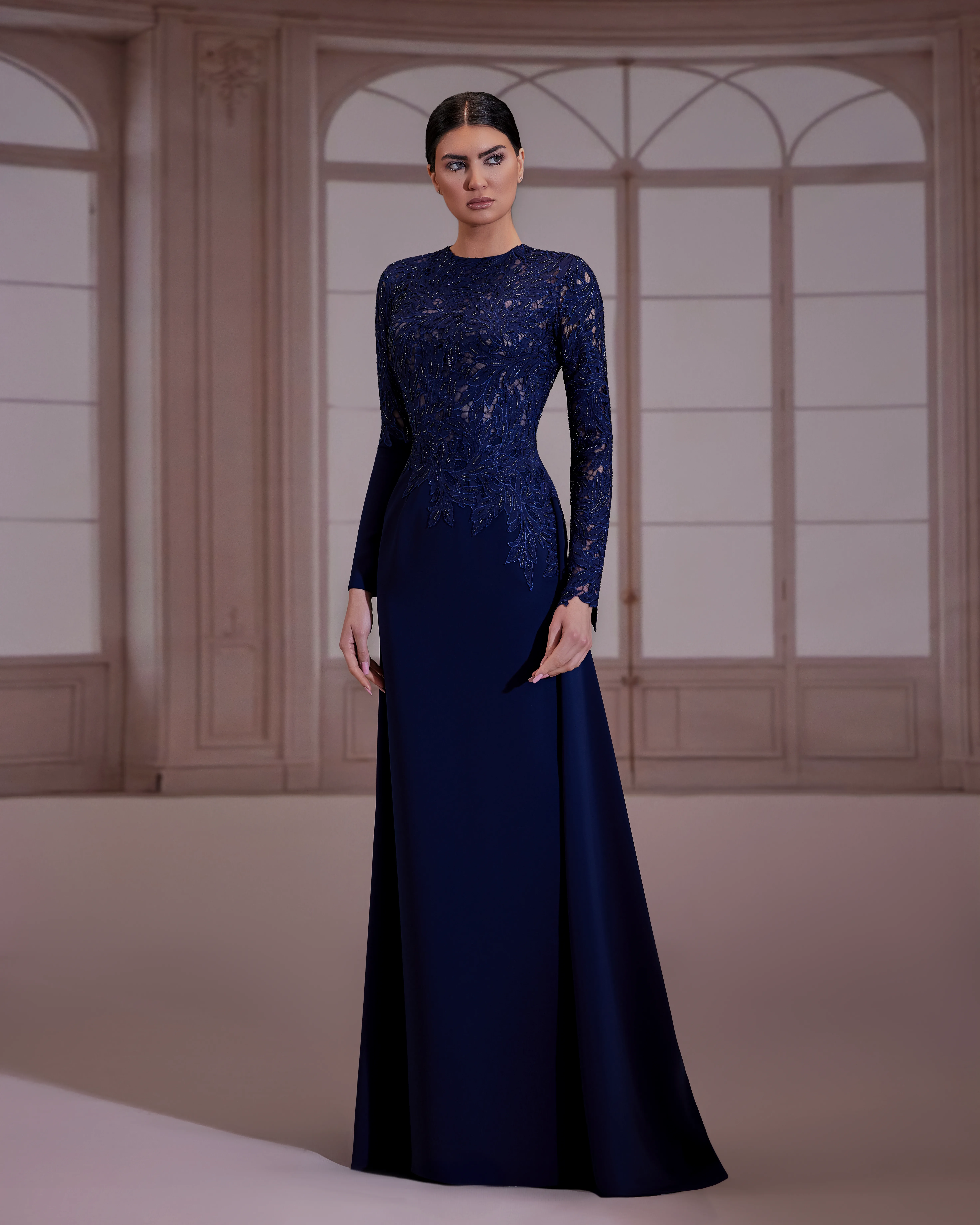 fw262-Navy blue dress featuring a fitted long-sleevenavy Blue US 01