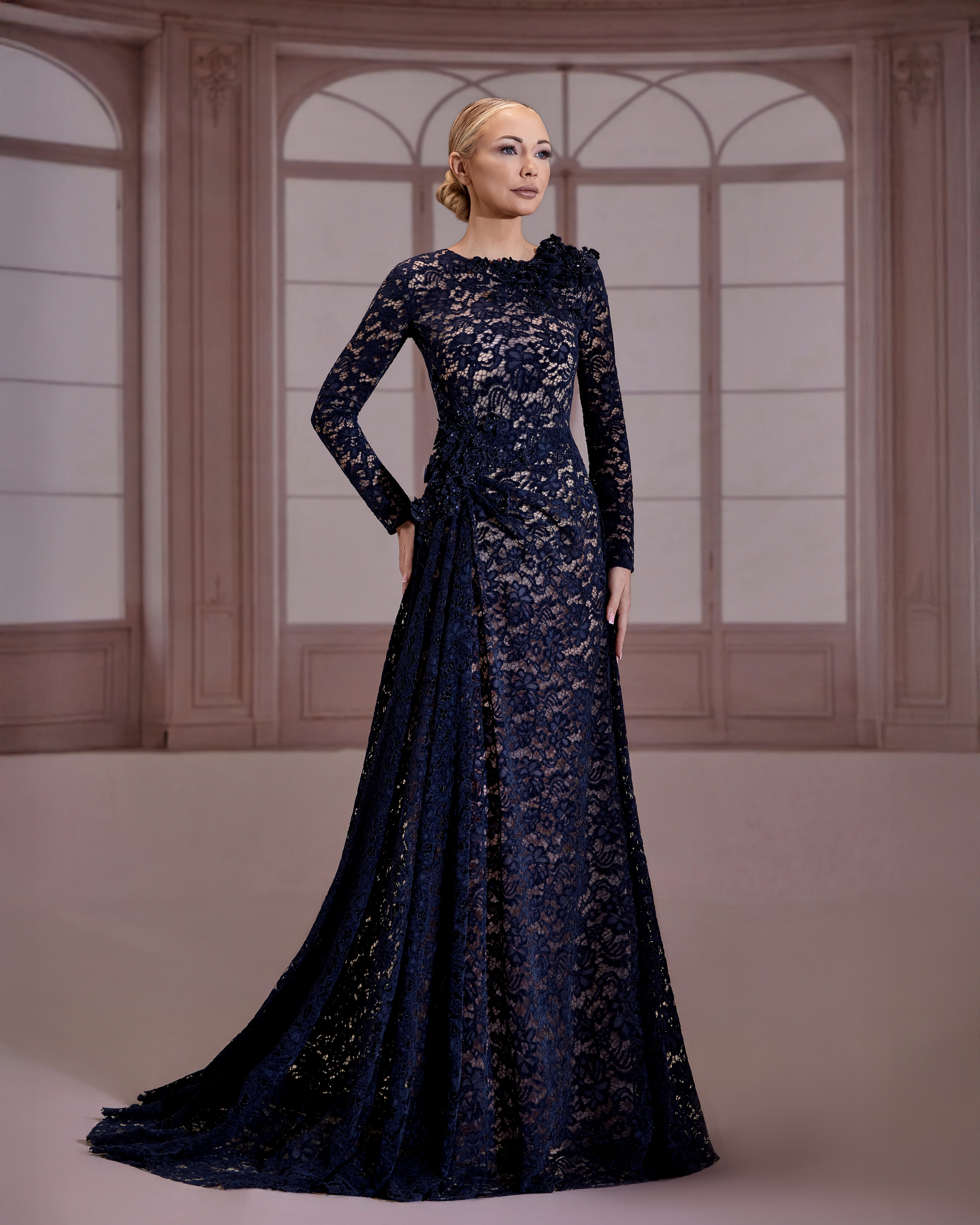 SS263-Navy blue floral lace dress with long sleeves and high necklinenavy Blue US 01