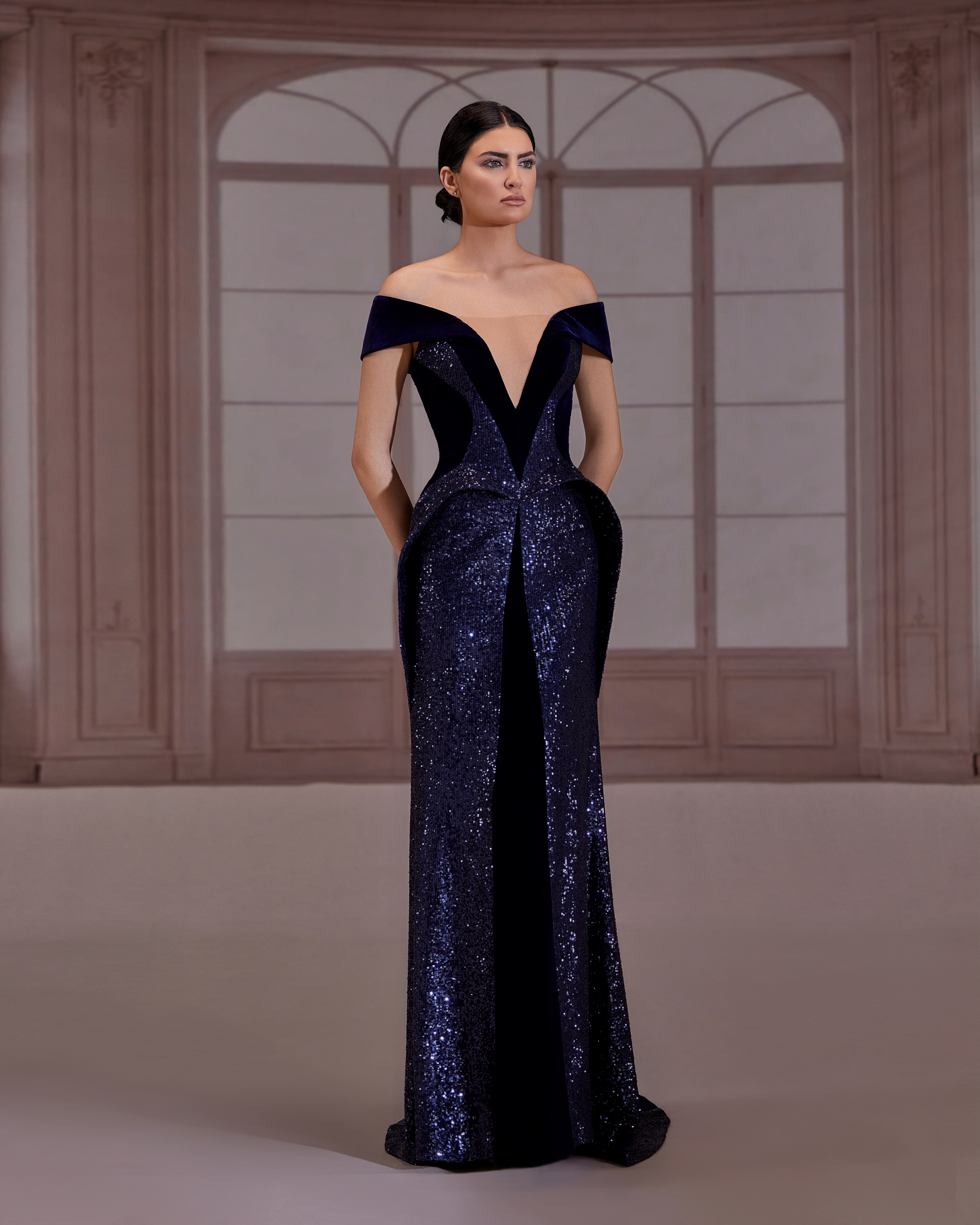 SS264-navy blue dress with a plunging off-the-shoulder necklinenavy Blue US 01
