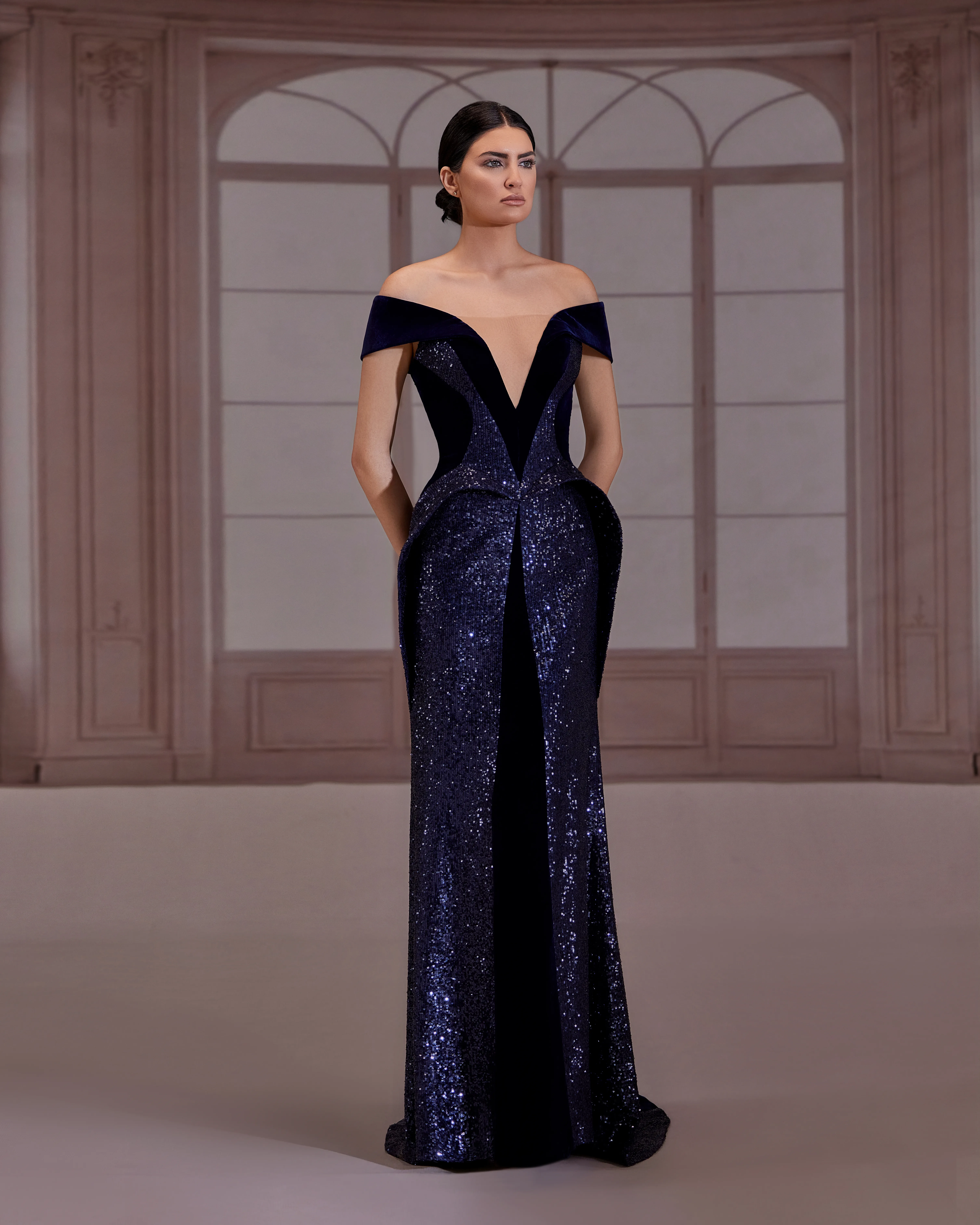 fw264-navy blue dress with a plunging off-the-shoulder necklinenavy Blue US 01