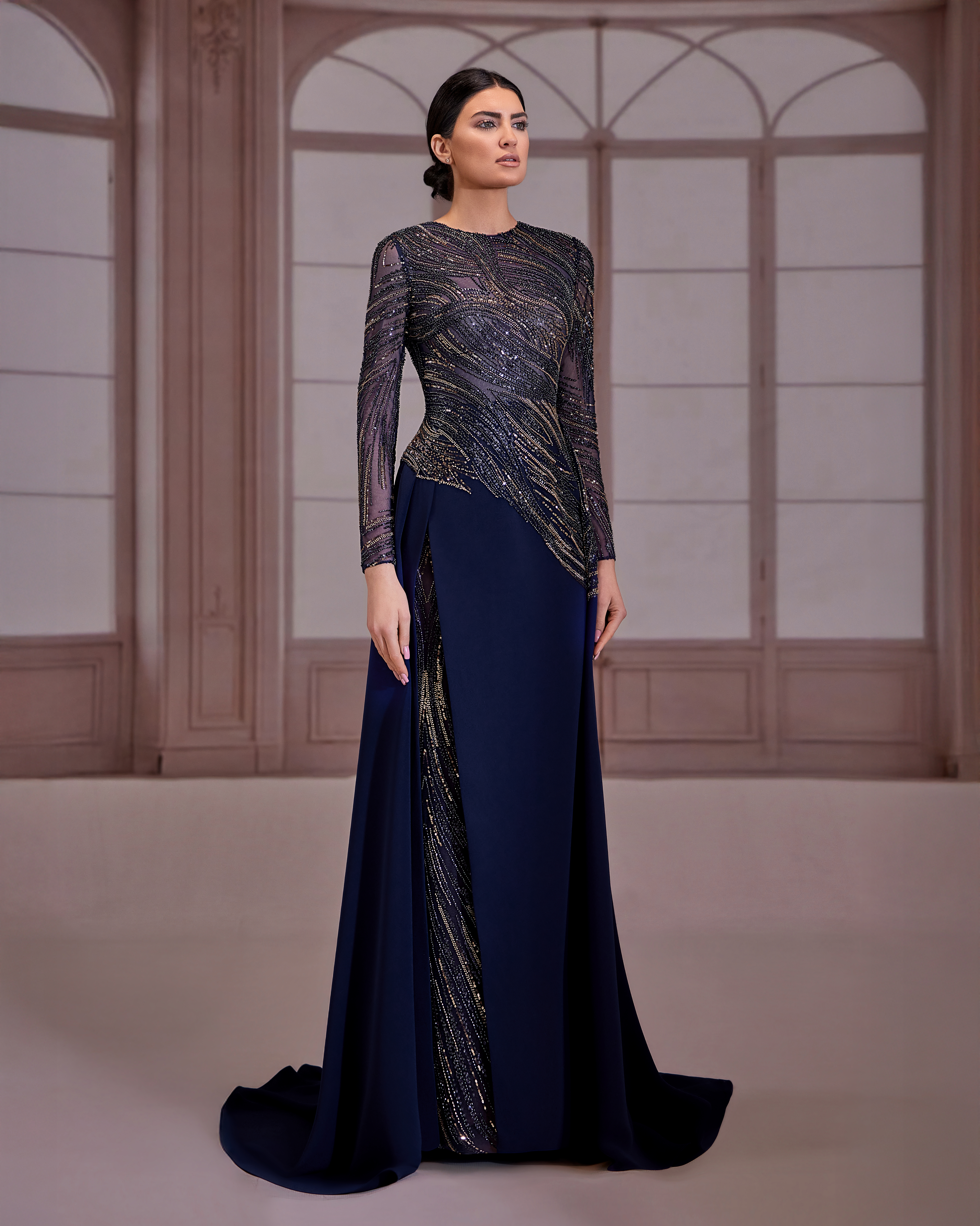 SS265-Navy blue dress with a beaded bodice and long sleeves,navy Blue US 01