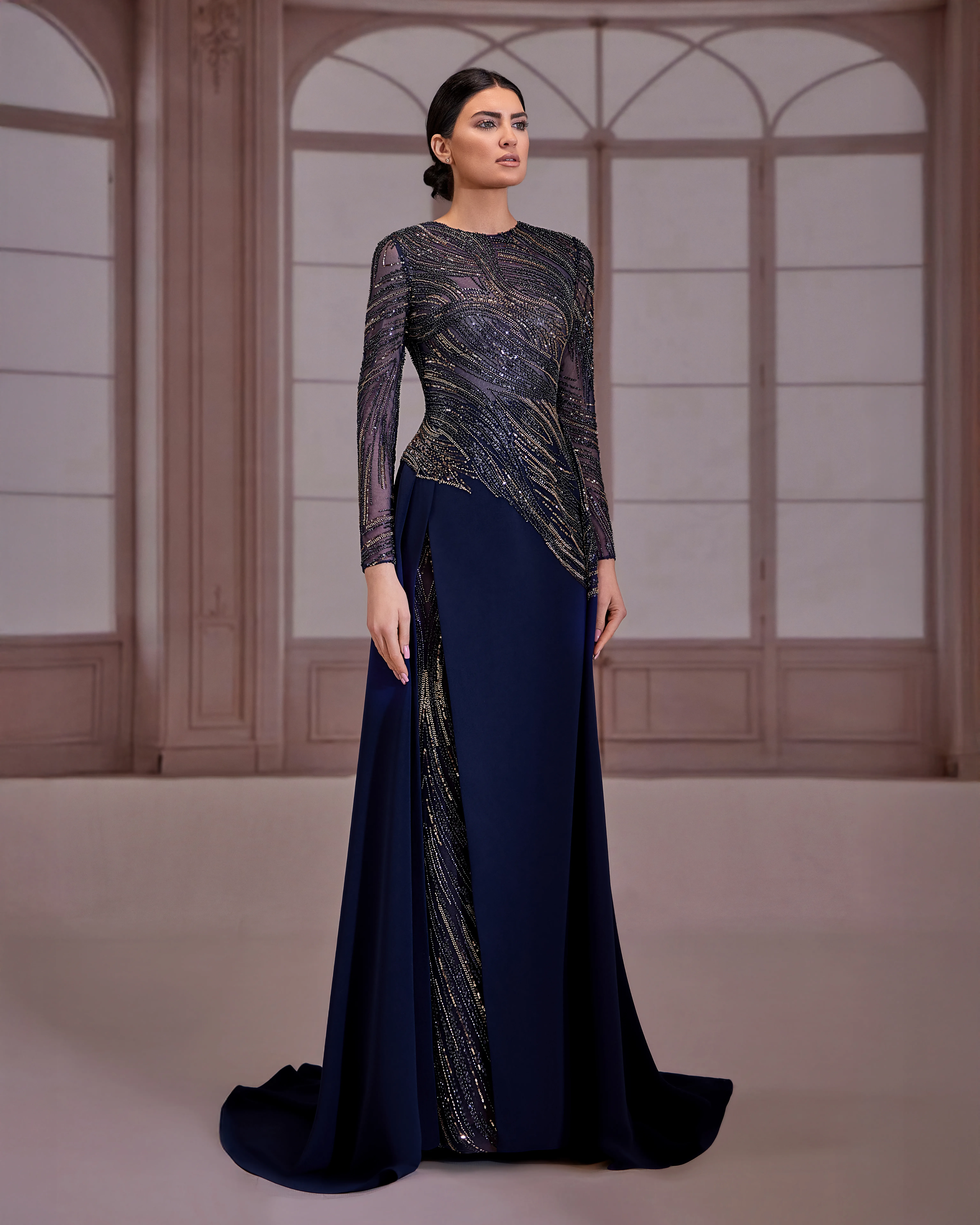 fw265-Navy blue dress with a beaded bodice and long sleeves,navy Blue US 01