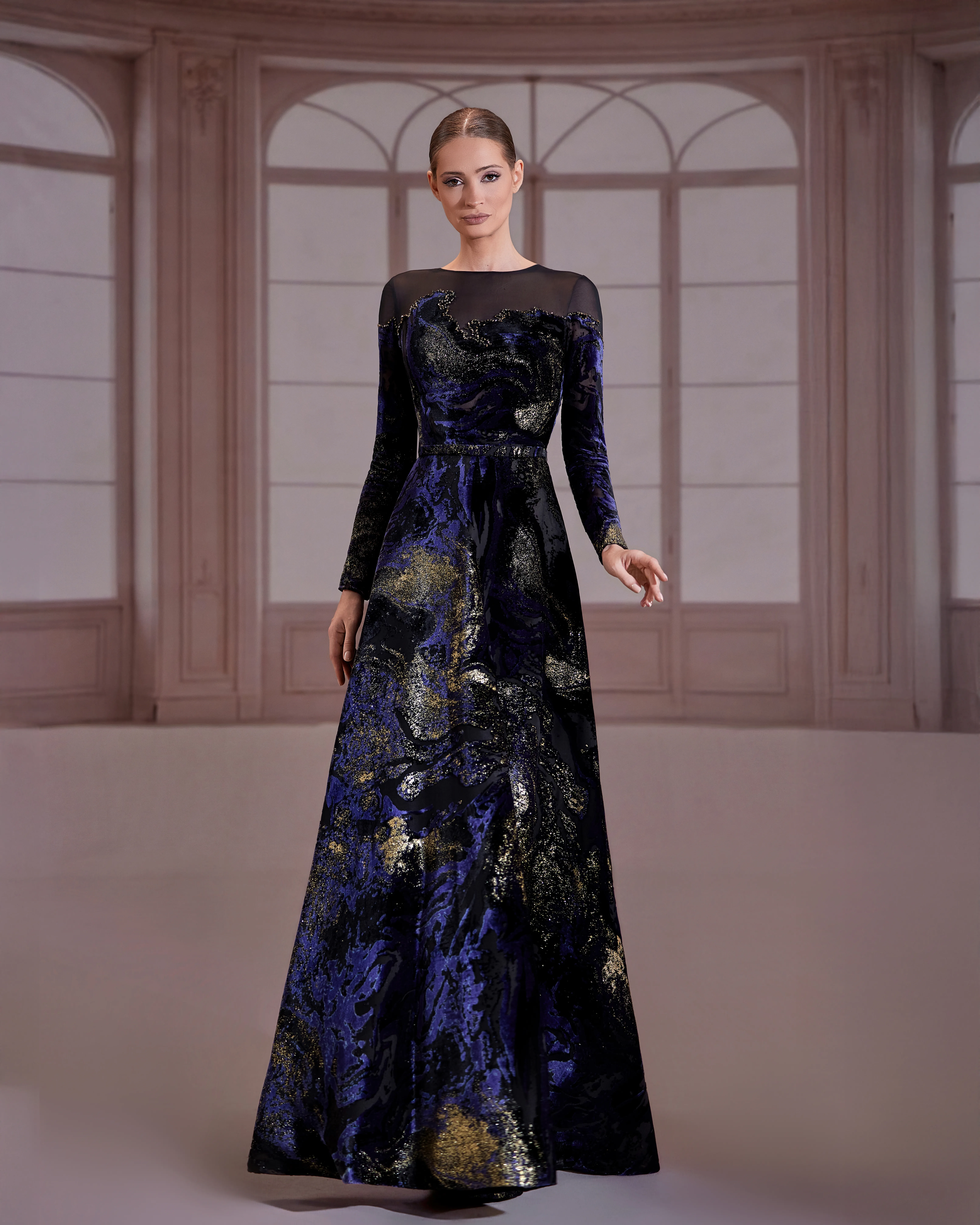fw266-Navy and gold velvet dress with sheer illusion necklinenavy Blue US 01