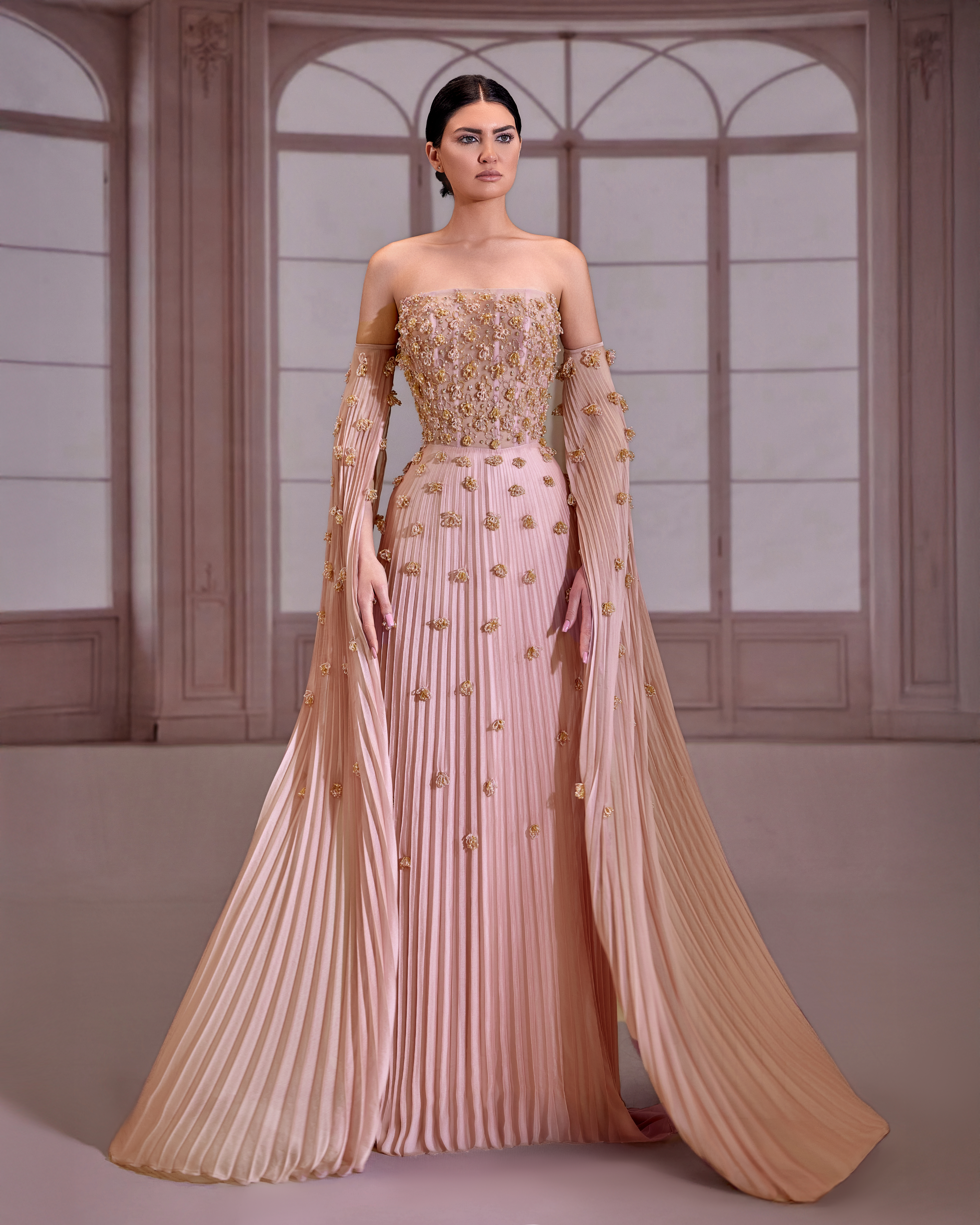 SS267- Pink strapless shiffon dress with a floral beaded Pink strapless shiffon US 01