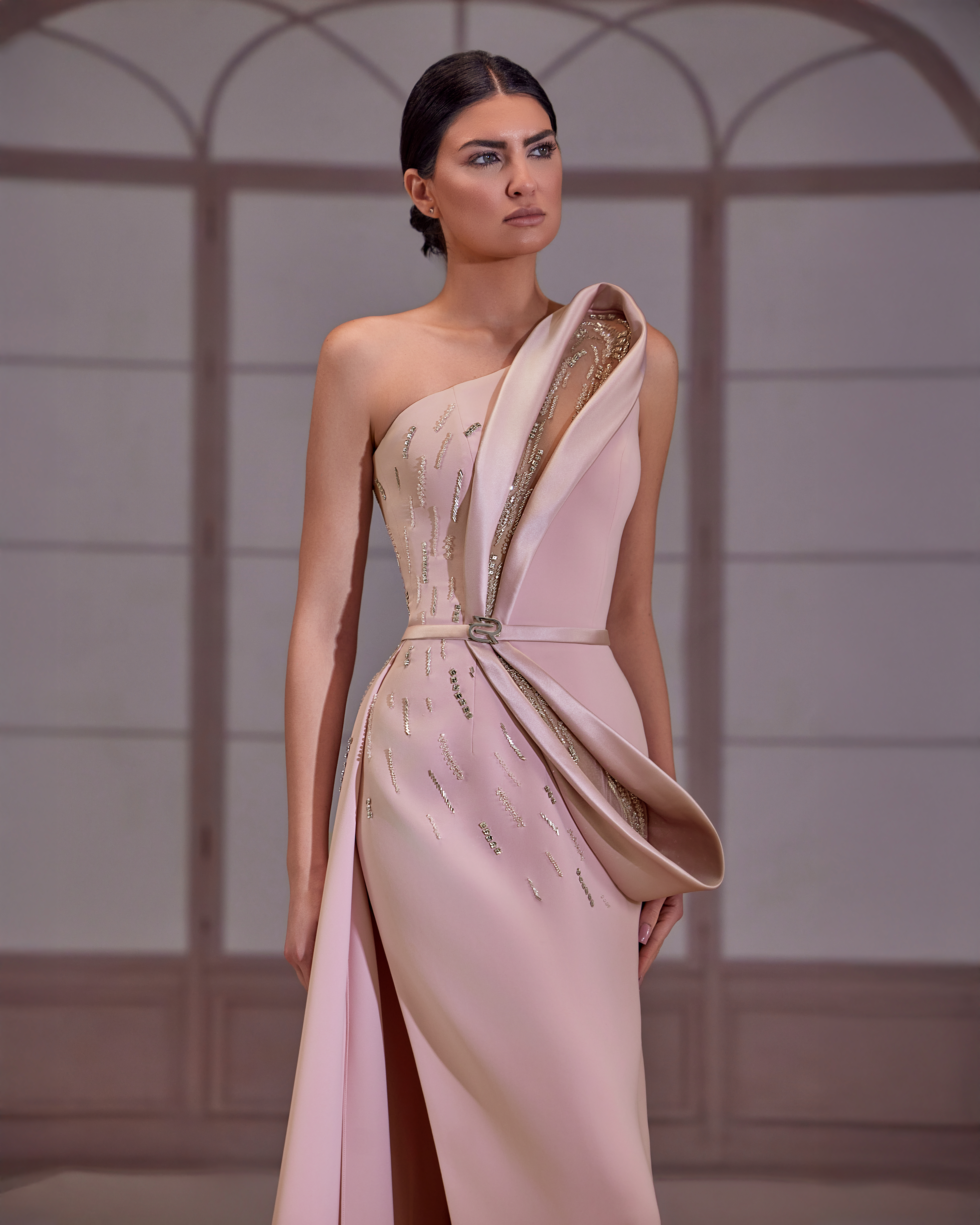SS268- Pink one shoulder crepe dress with bead detailingPink strapless shiffon US 01