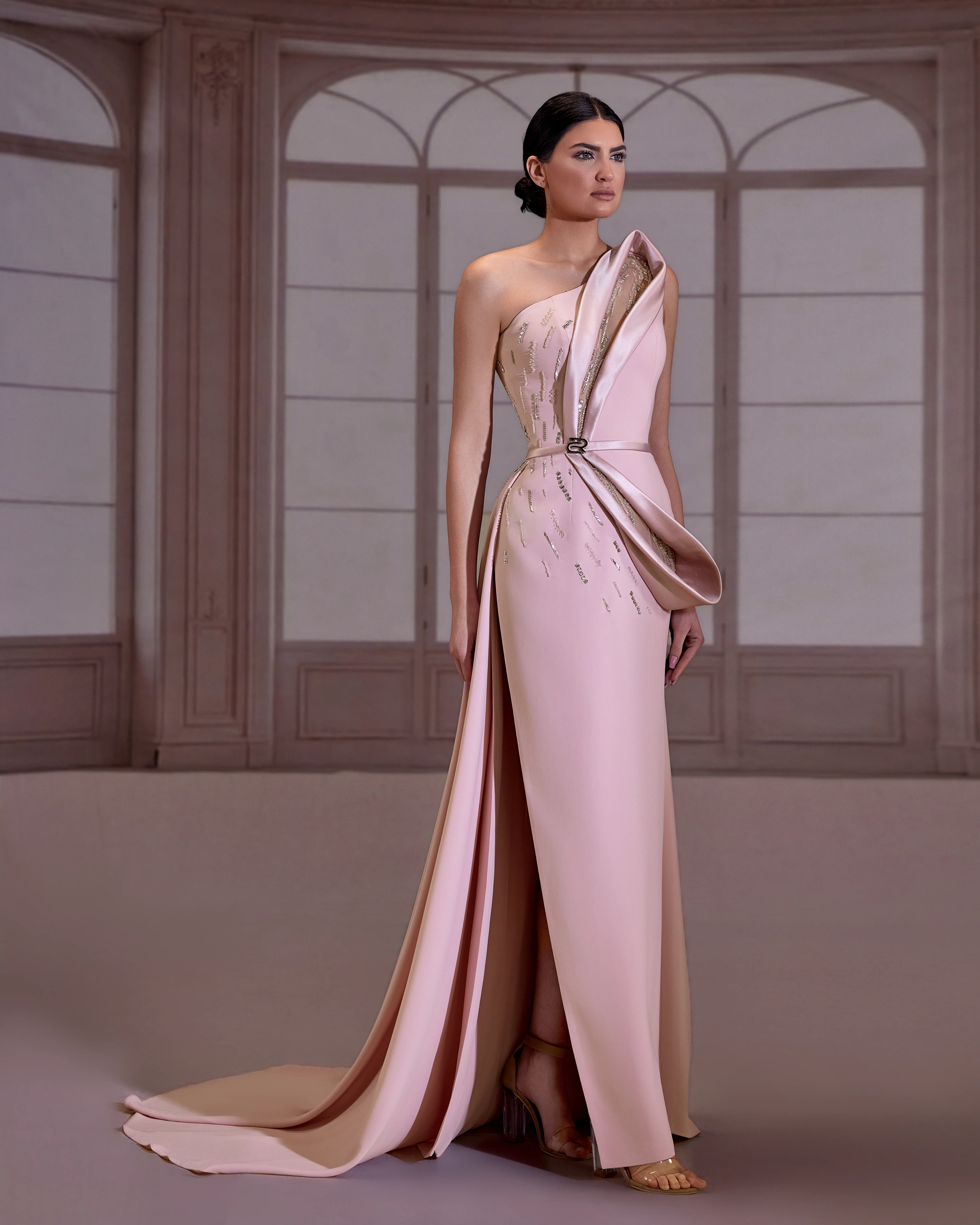fw268- Pink one shoulder crepe dress with bead detailingPink strapless shiffon US 01