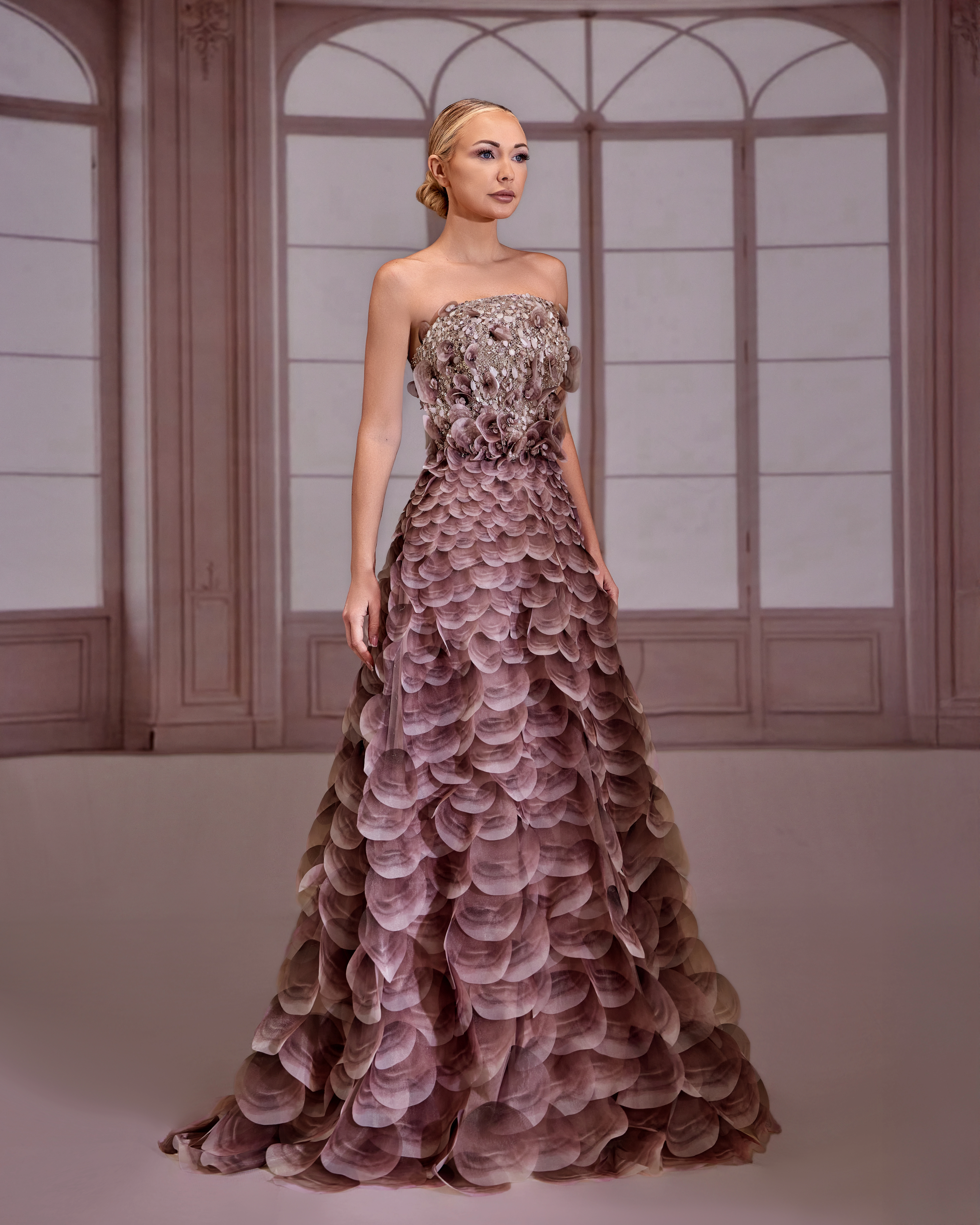 SS271- Pink strapless dress with a fully beaded bodice and 3D embellishmentsPink strapless shiffon US 01