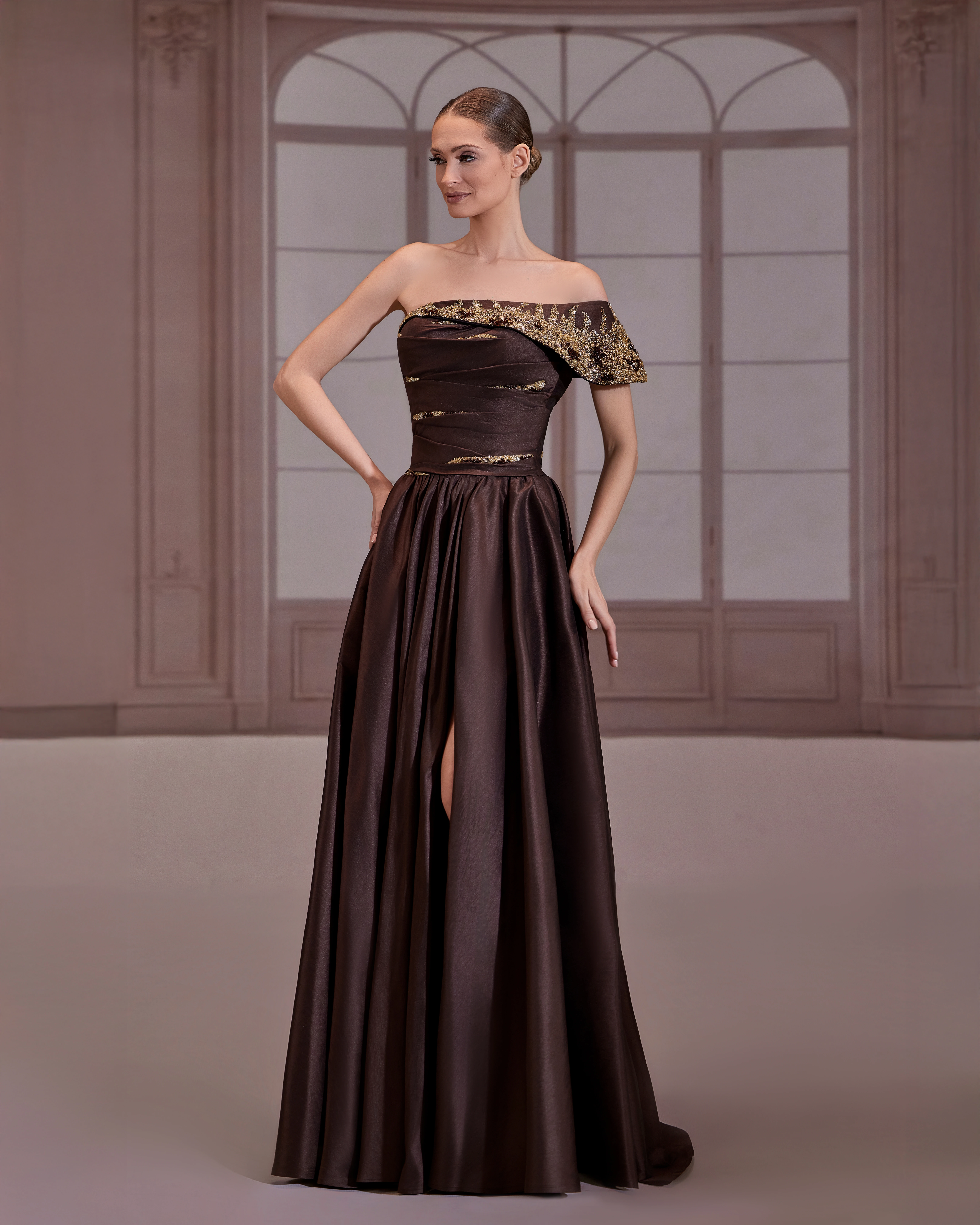 SS273- Brown off shoulder taffeta dress, with a draped bodice adornedBrown US 01