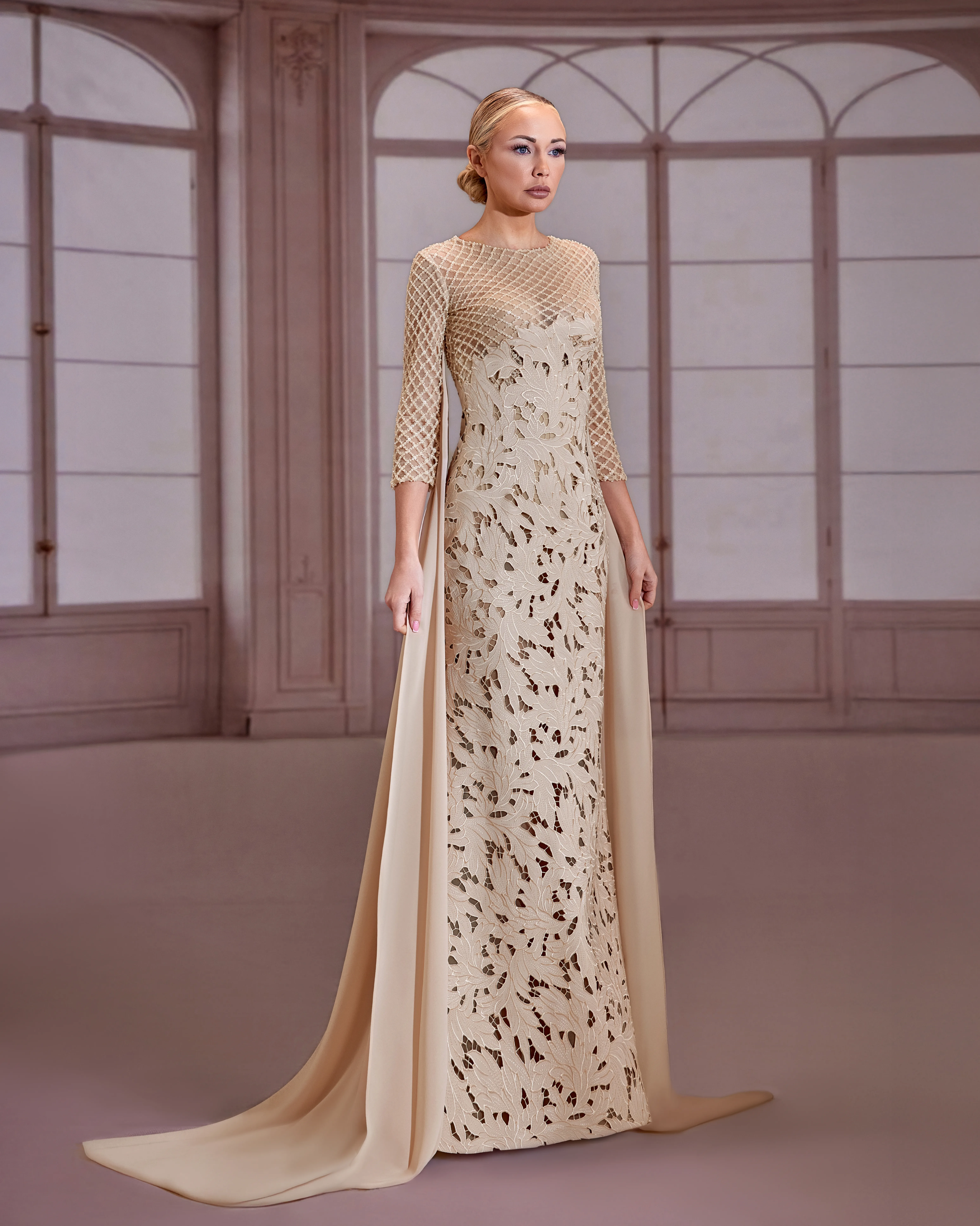 fw277- Champagne-beige dress with elbow-length lattice mesh sleeves Beige US 01