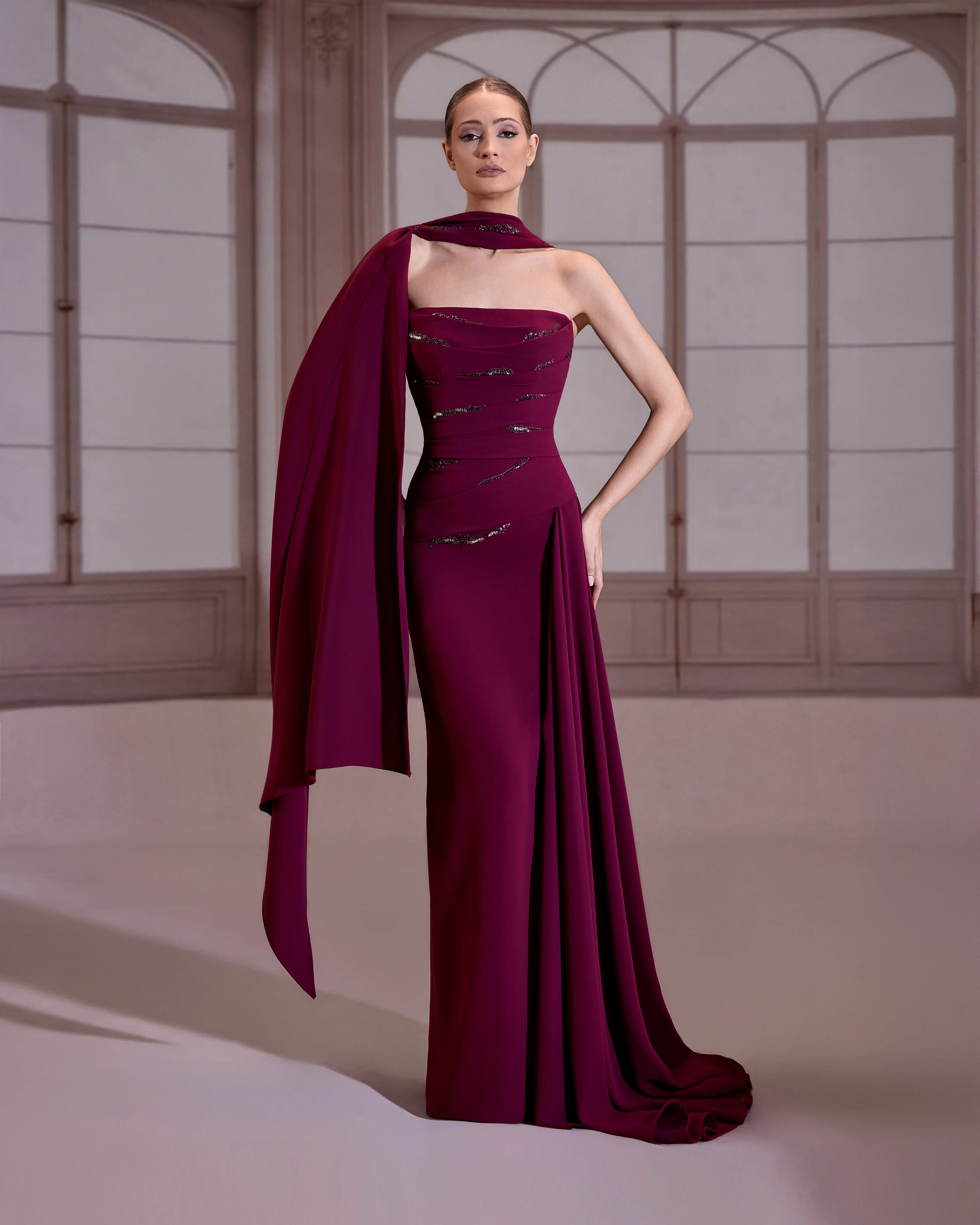 fw284- Plum starpless crepe dress with pleated top adorned with deaded appliquePulm US 01
