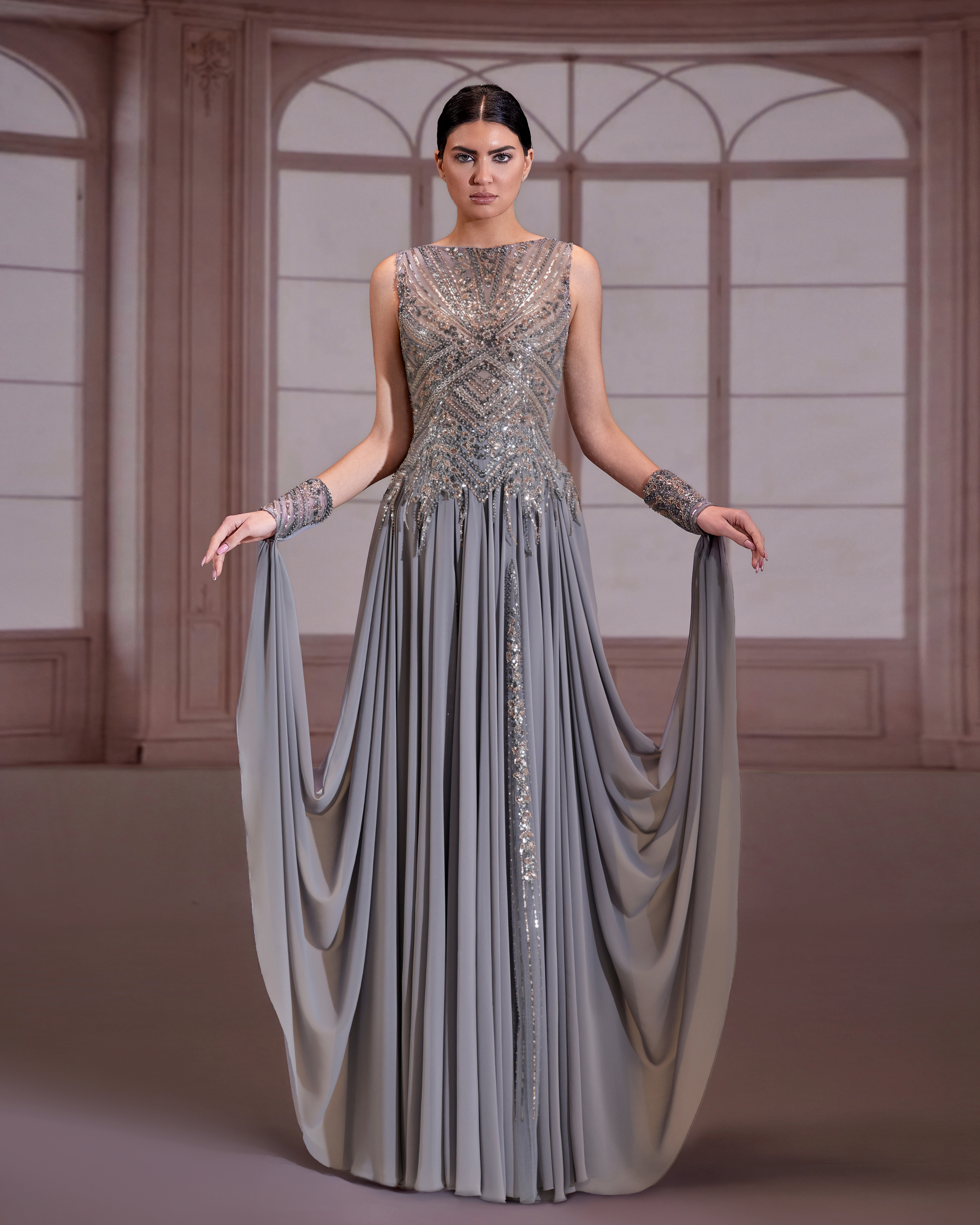 SS287- Silver sleeveless dress,with  illusion beaded bodiceSilver US 01