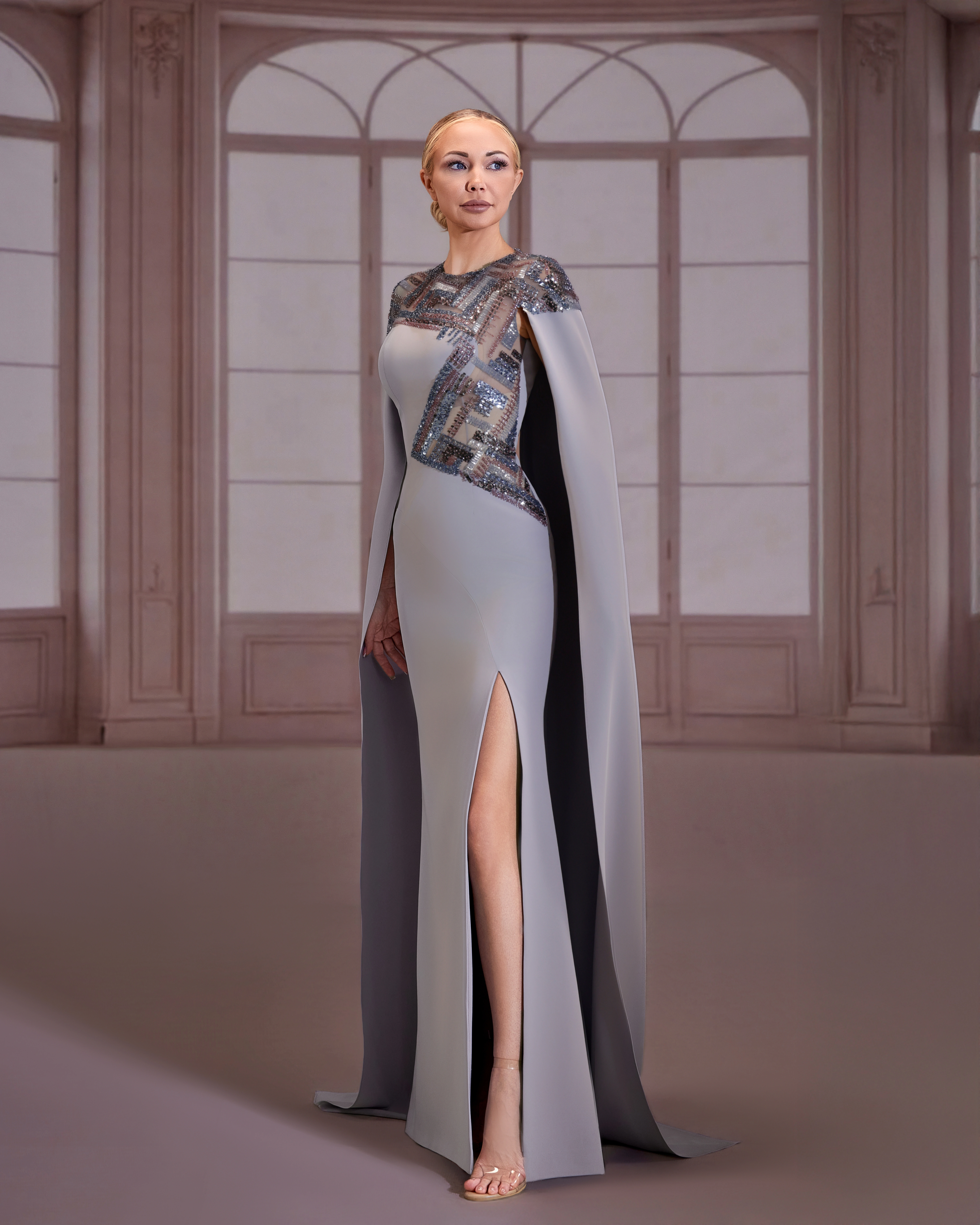 SS288- Silver crepe dress  with  floor-sweeping cape Silver US 01