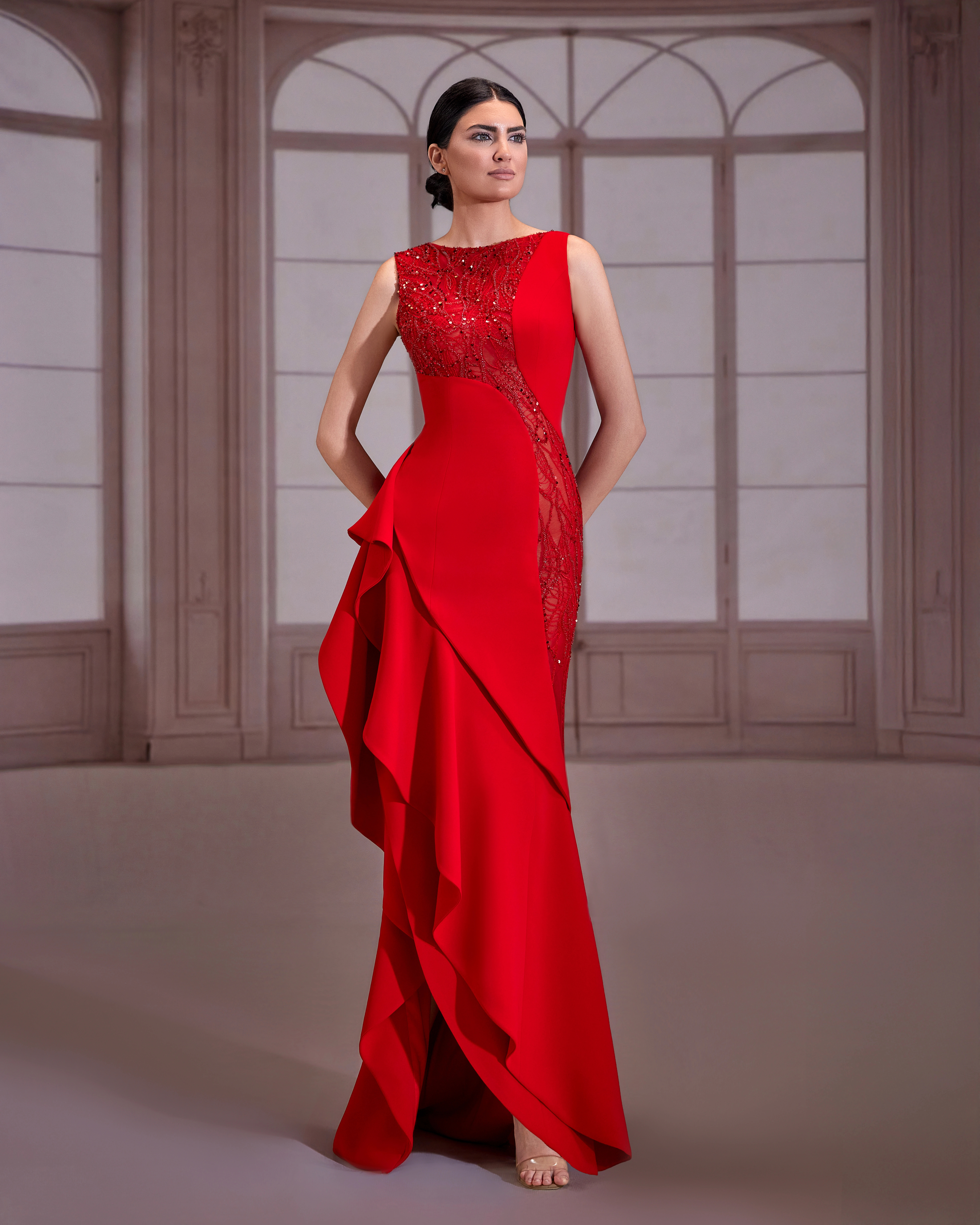 SS294- Red crepe dress with diagonal beading and asymmetrical skirtRed US 01