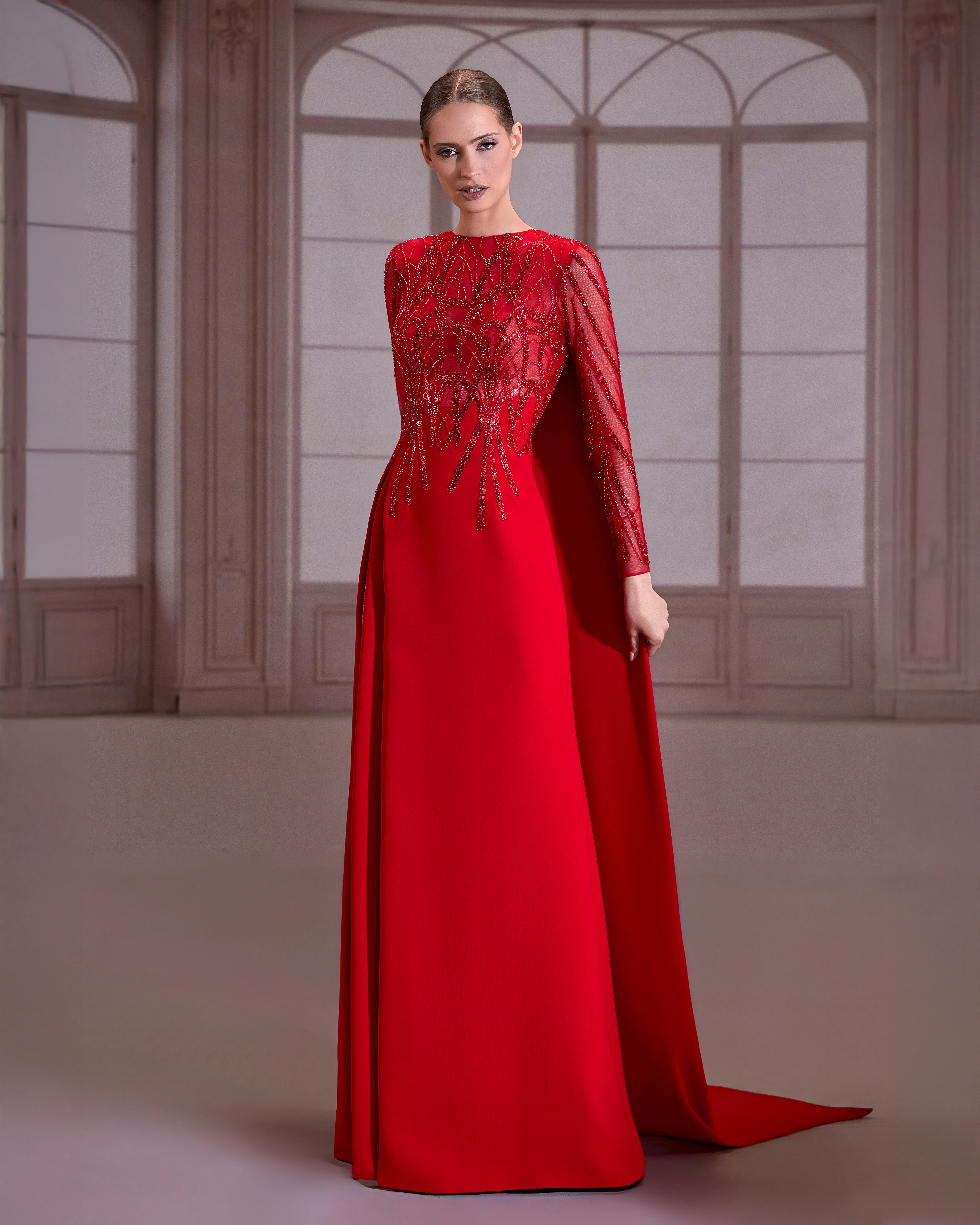 SS295- Red long beaded sleeve top with a crepe skirtRed US 01