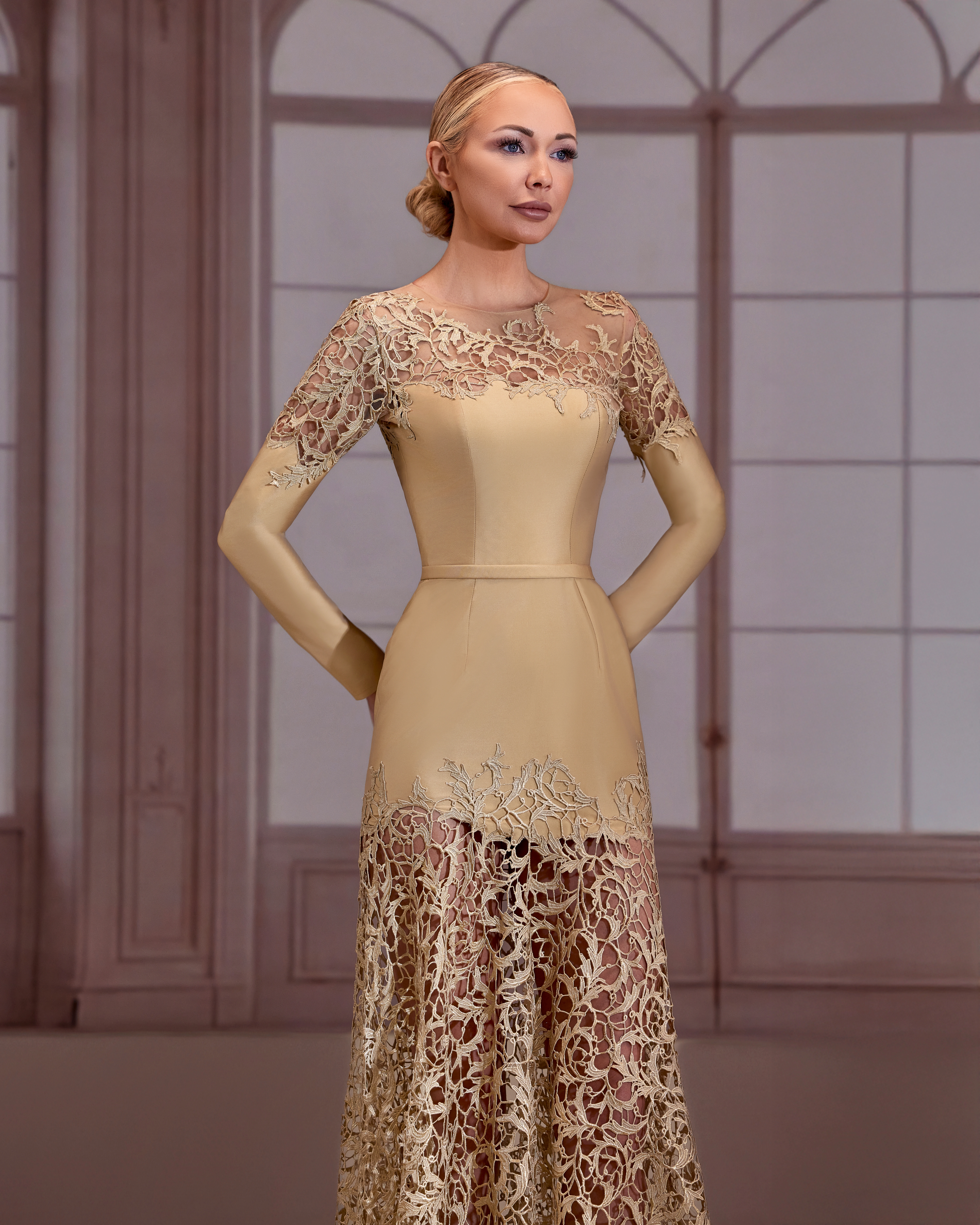 SS296- Golden dress with beehive lace on shoulders and necklineGolden US 01